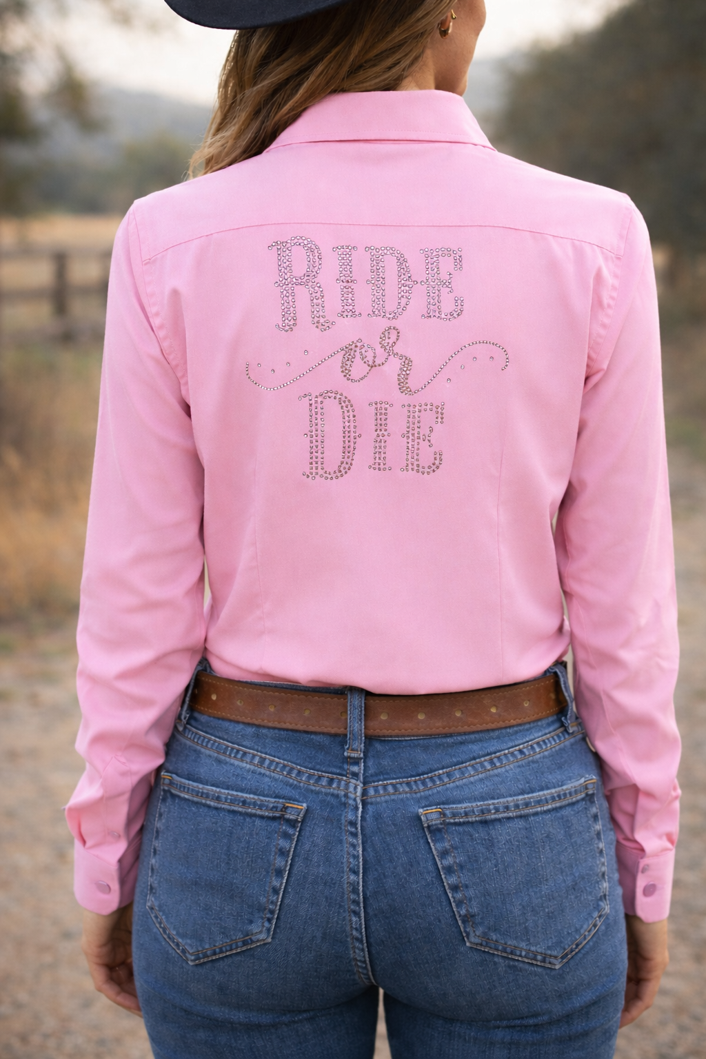 Ride Or Die Rhinestone Button Up Rodeo Shirt -Pink