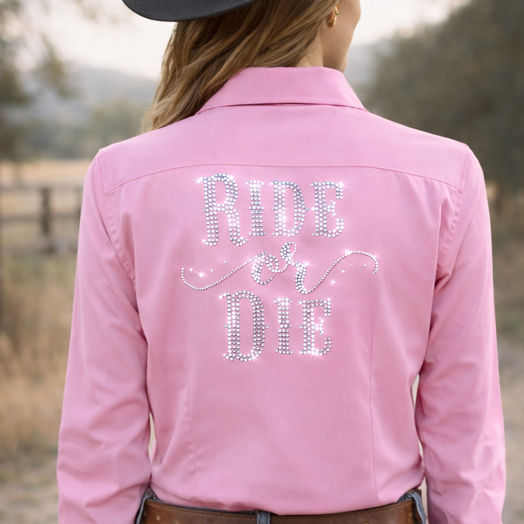 Ride Or Die Rhinestone Button Up Rodeo Shirt -Pink