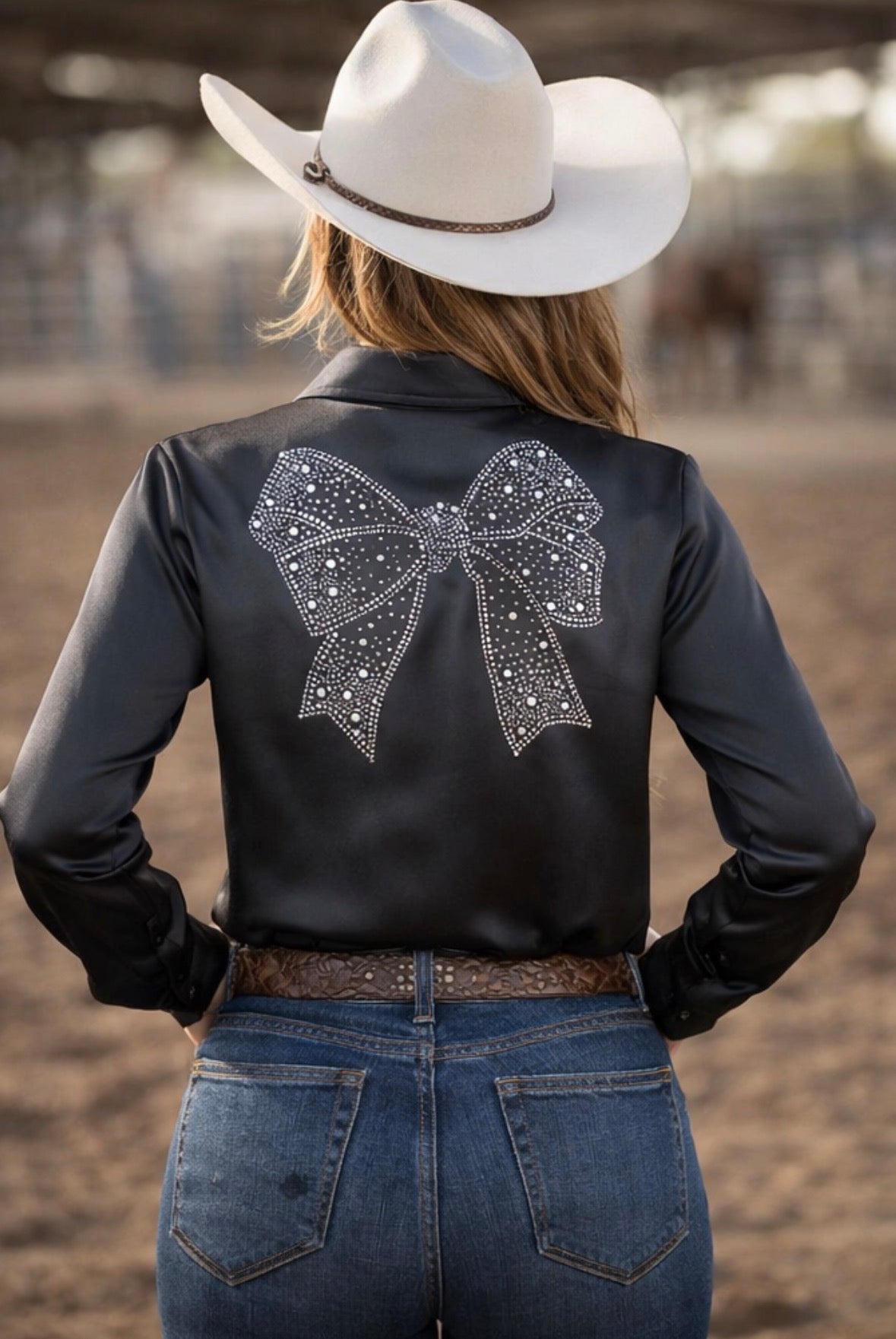 Midnight Glam Bow Button Up Rodeo Shirt -Matte Satin Blouse *Sample Sale*