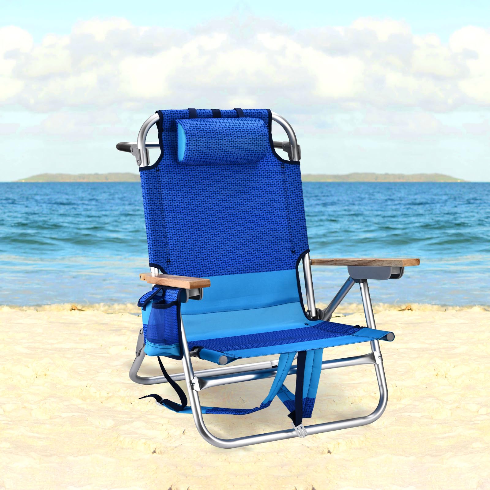 Backpack Beach Chairs for Adults Capacity 300 LBS Low 5 Position Beach Chair with Pouch Straps Folding Lightweight Reclining Aluminum Wide Lay Flat Single