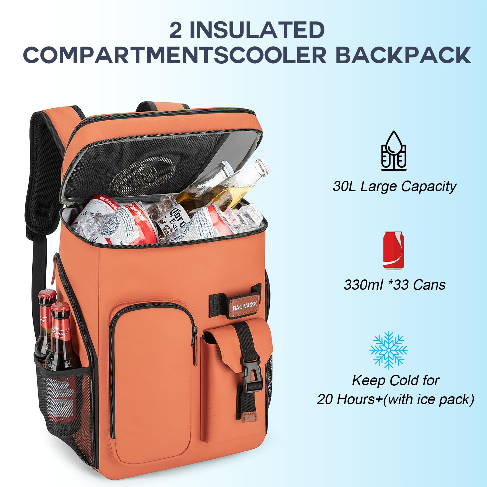 BAGPARKK Insulated Cooler Backpack,33/45 Cans Multifunctional Double Deck Leakproof Cooler Bag with Sternum Strap,Large Capacity Lightweight Travel Camping Beach Backpack