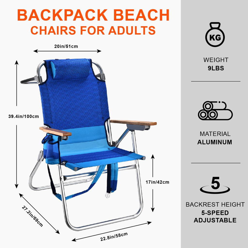 Backpack Beach Chairs for Adults Capacity 300 LBS Low 5 Position Beach Chair with Pouch Straps Folding Lightweight Reclining Aluminum Wide Lay Flat Single