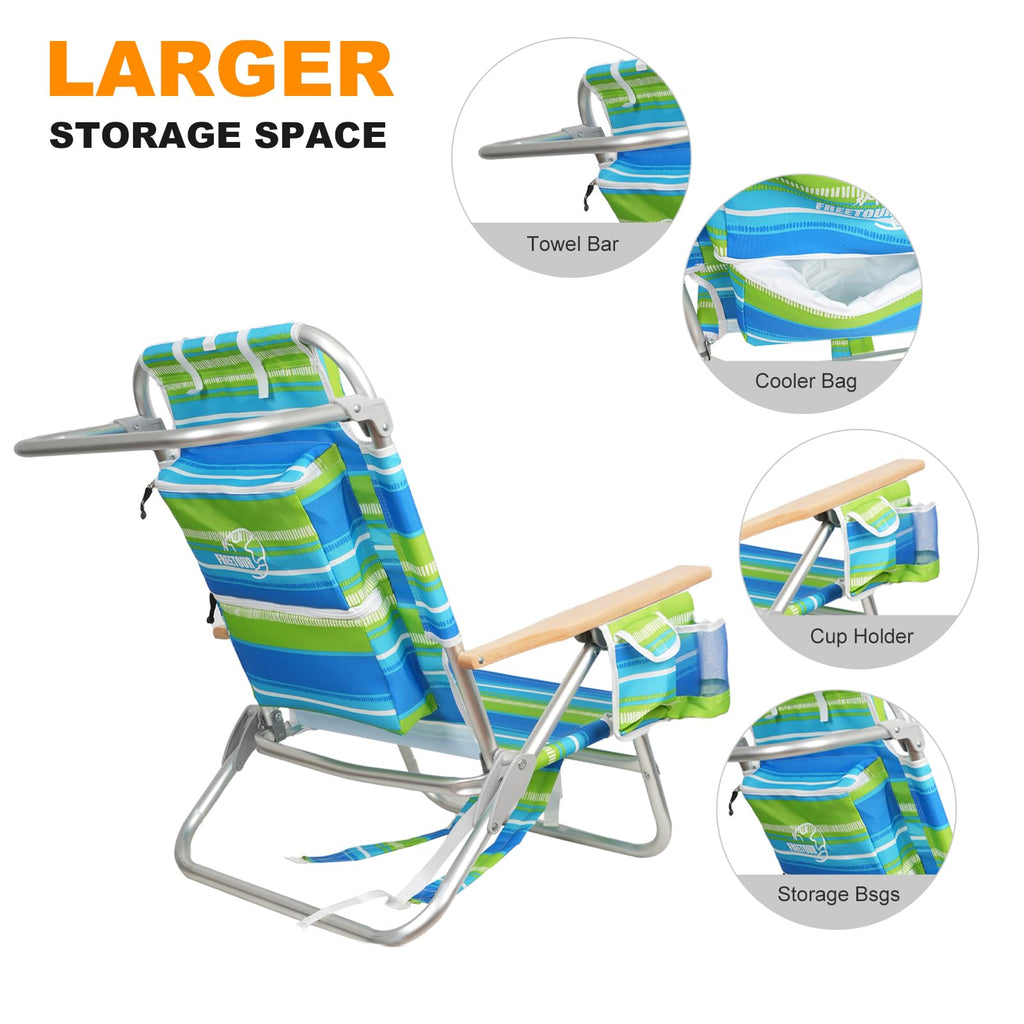 Backpack Beach Chairs for Adults Capacity 300 LBS Low 5 Position Beach Chair with Pouch Straps Folding Lightweight Reclining Aluminum Wide Lay Flat Single