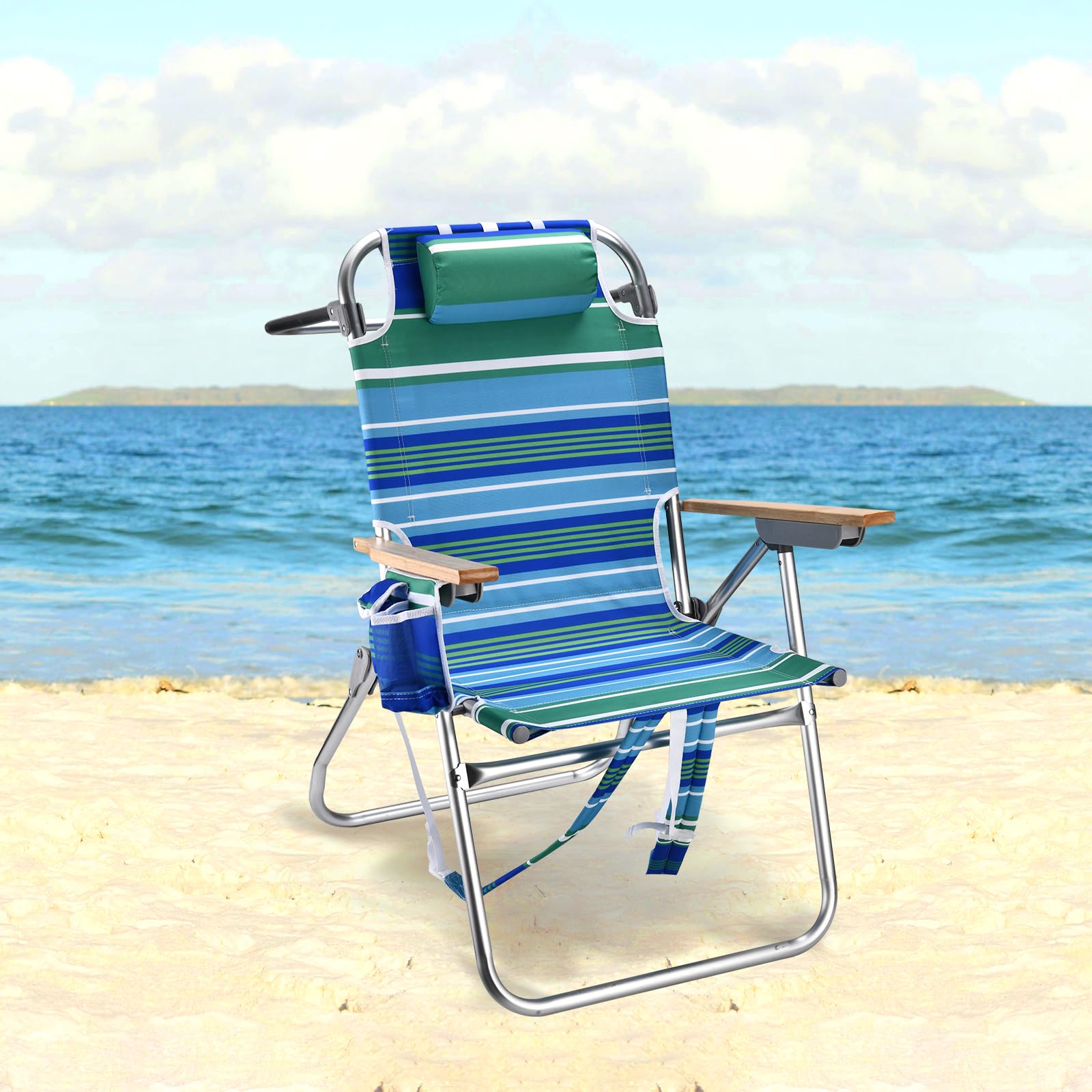 Backpack Beach Chairs for Adults Capacity 300 LBS Low 5 Position Beach Chair with Pouch Straps Folding Lightweight Reclining Aluminum Wide Lay Flat Single