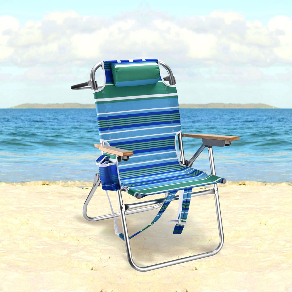 Backpack Beach Chairs for Adults Capacity 300 LBS Low 5 Position Beach Chair with Pouch Straps Folding Lightweight Reclining Aluminum Wide Lay Flat Single
