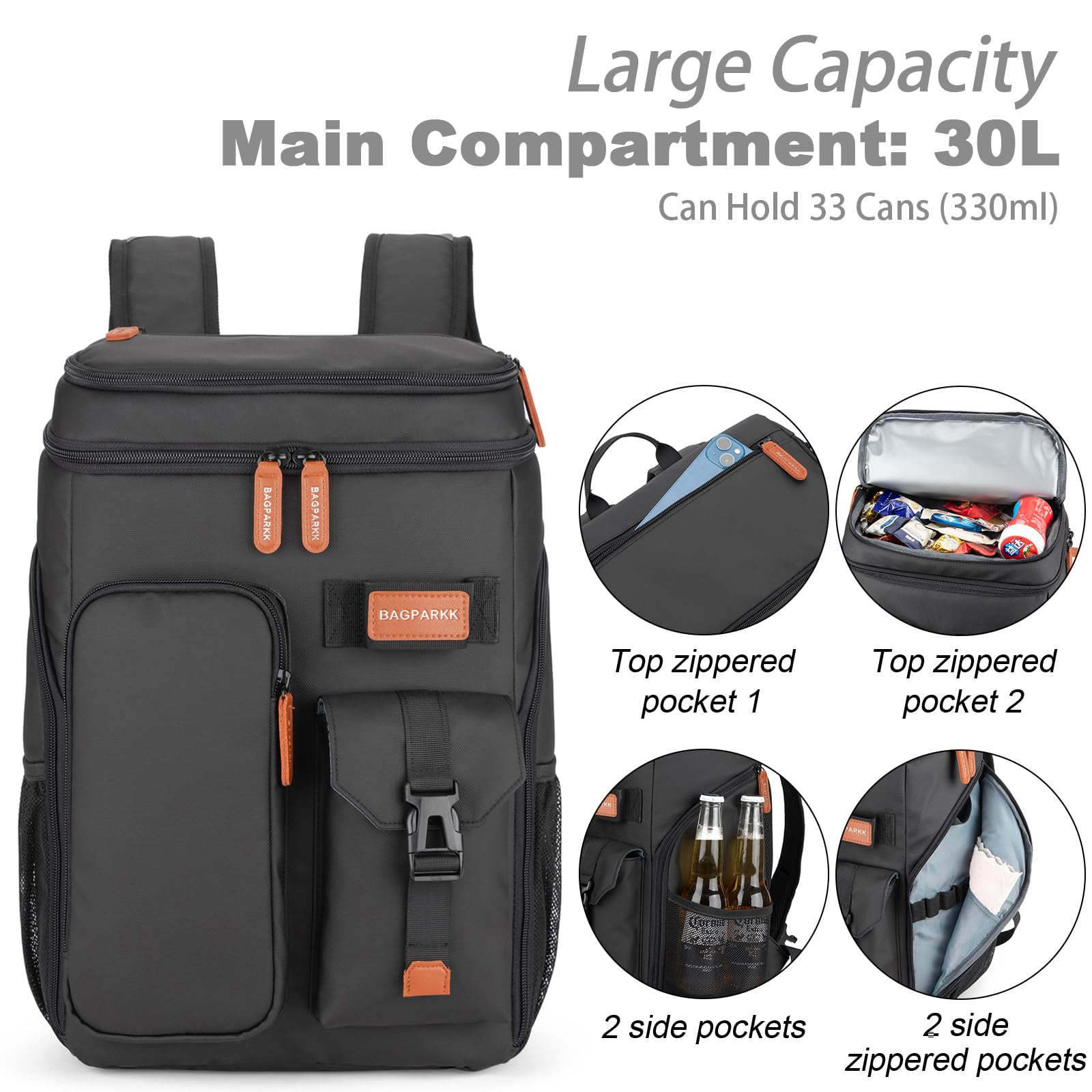 BAGPARKK Insulated Cooler Backpack,33/45 Cans Multifunctional Double Deck Leakproof Cooler Bag with Sternum Strap,Large Capacity Lightweight Travel Camping Beach Backpack