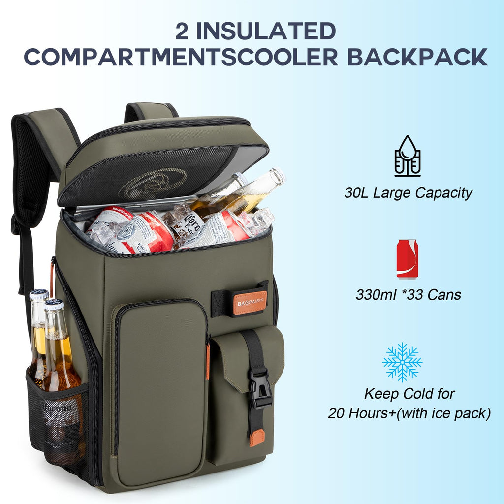BAGPARKK Insulated Cooler Backpack,33/45 Cans Multifunctional Double Deck Leakproof Cooler Bag with Sternum Strap,Large Capacity Lightweight Travel Camping Beach Backpack