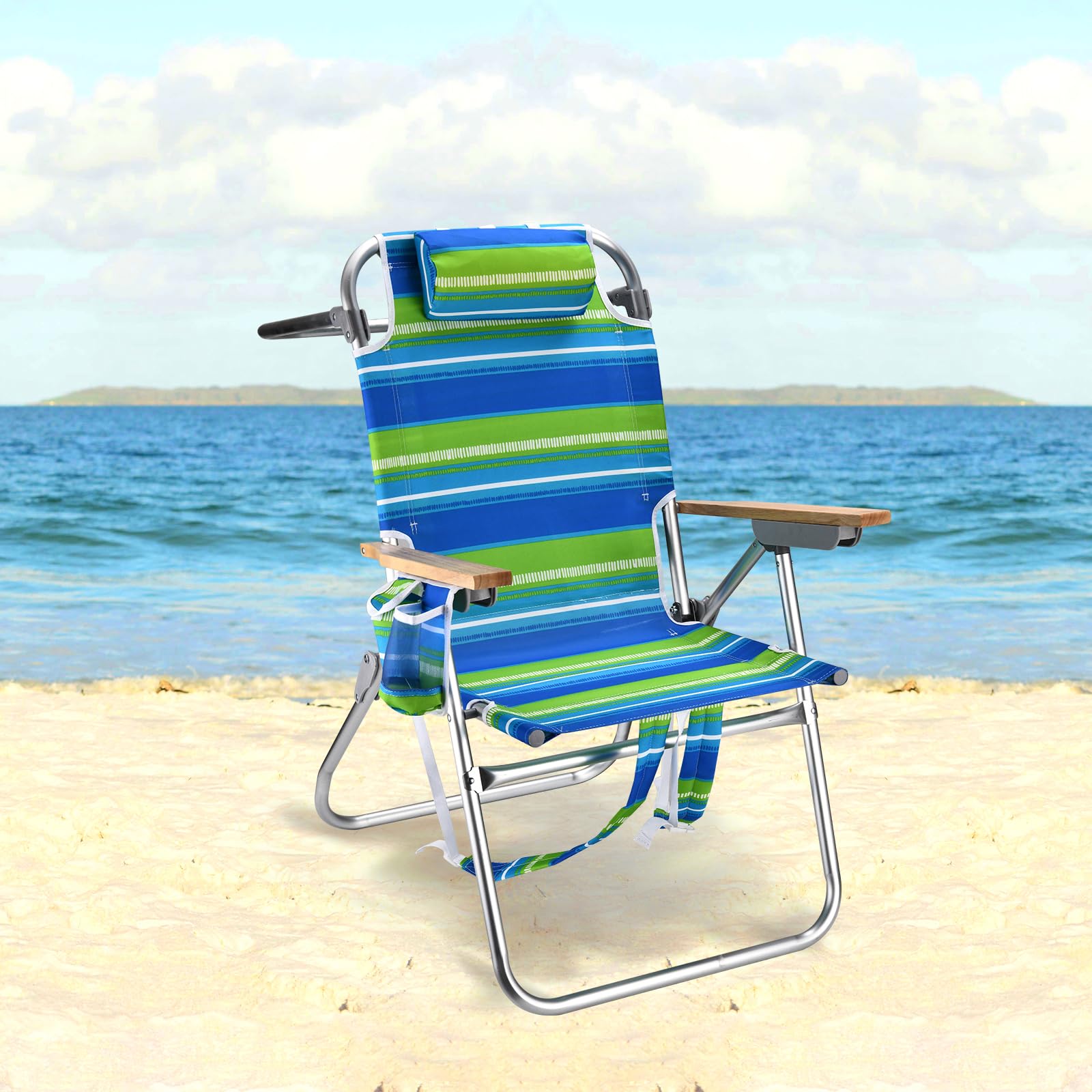 Backpack Beach Chairs for Adults Capacity 300 LBS Low 5 Position Beach Chair with Pouch Straps Folding Lightweight Reclining Aluminum Wide Lay Flat Single