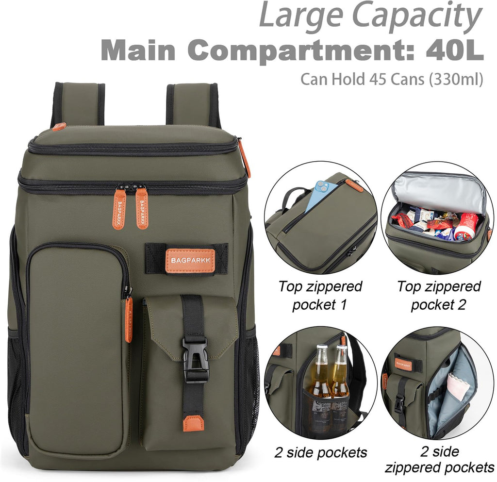 BAGPARKK Insulated Cooler Backpack,33/45 Cans Multifunctional Double Deck Leakproof Cooler Bag with Sternum Strap,Large Capacity Lightweight Travel Camping Beach Backpack