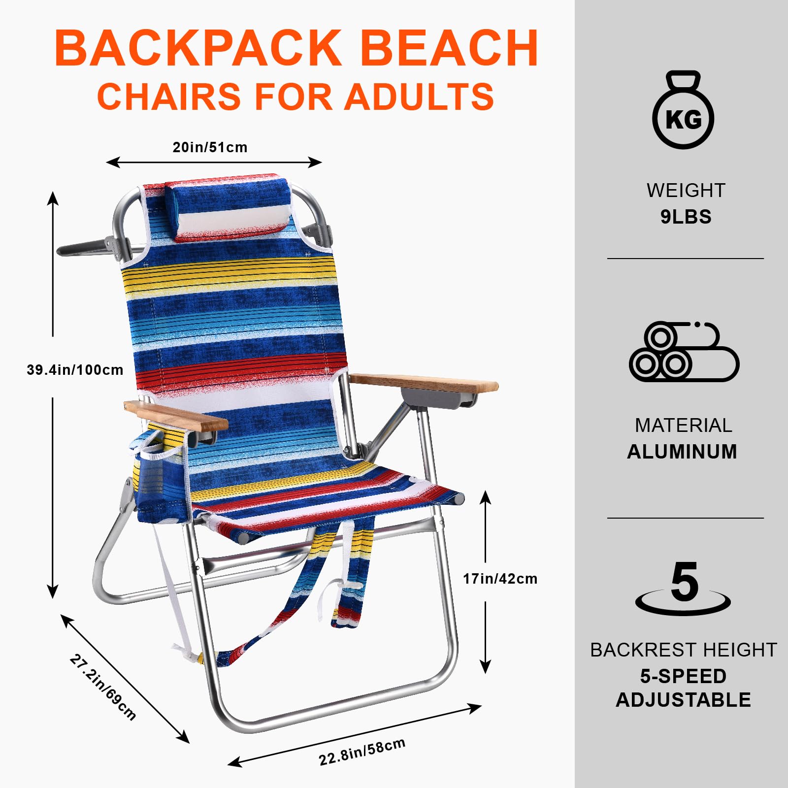 Backpack Beach Chairs for Adults Capacity 300 LBS Low 5 Position Beach Chair with Pouch Straps Folding Lightweight Reclining Aluminum Wide Lay Flat Single