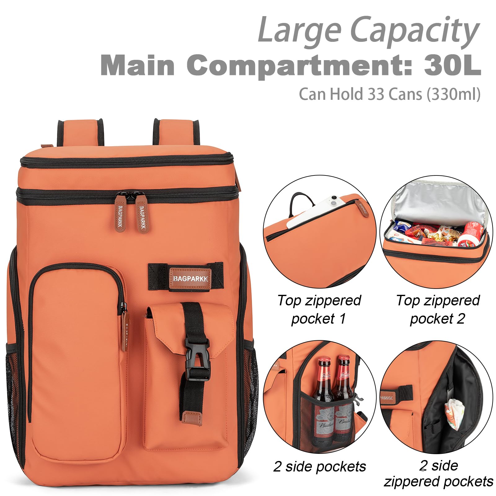 BAGPARKK Insulated Cooler Backpack,33/45 Cans Multifunctional Double Deck Leakproof Cooler Bag with Sternum Strap,Large Capacity Lightweight Travel Camping Beach Backpack