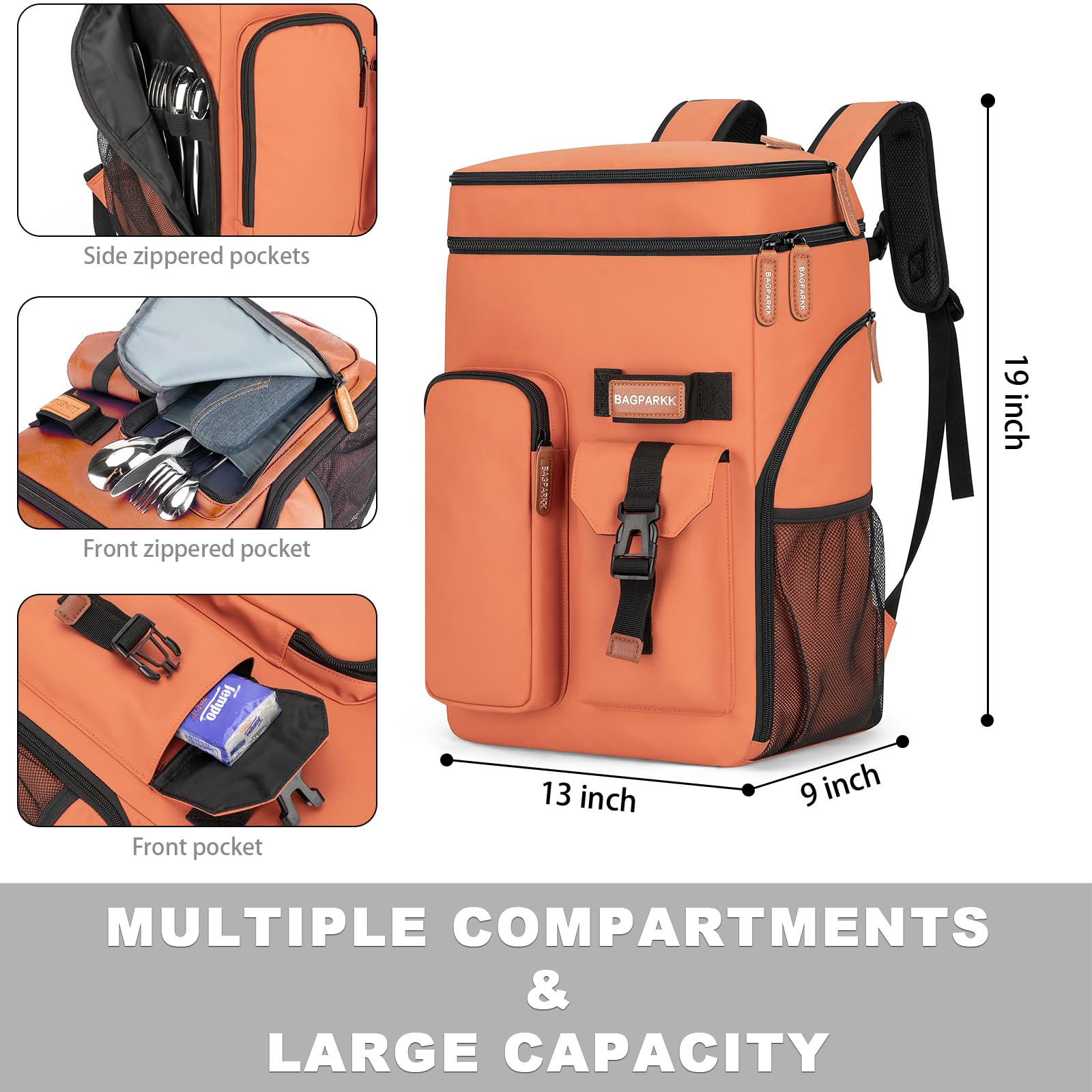 BAGPARKK Insulated Cooler Backpack,33/45 Cans Multifunctional Double Deck Leakproof Cooler Bag with Sternum Strap,Large Capacity Lightweight Travel Camping Beach Backpack