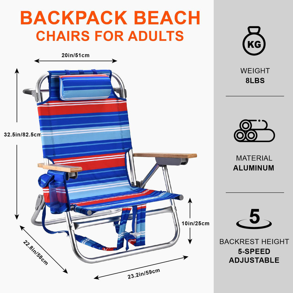 Backpack Beach Chairs for Adults Capacity 300 LBS Low 5 Position Beach Chair with Pouch Straps Folding Lightweight Reclining Aluminum Wide Lay Flat Single