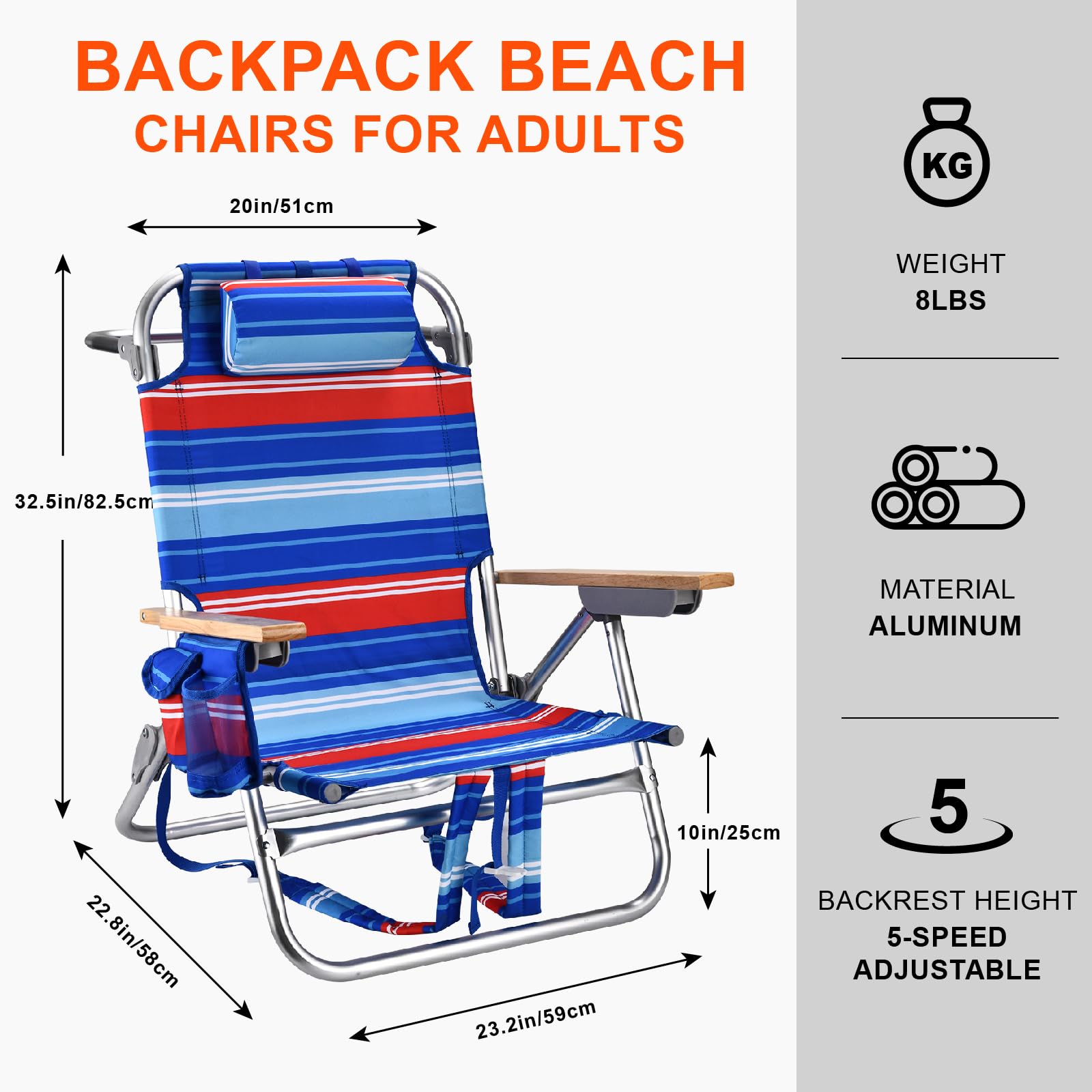 Backpack Beach Chairs for Adults Capacity 300 LBS Low 5 Position Beach Chair with Pouch Straps Folding Lightweight Reclining Aluminum Wide Lay Flat Single