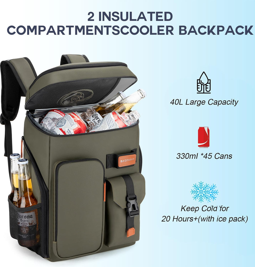 BAGPARKK Insulated Cooler Backpack,33/45 Cans Multifunctional Double Deck Leakproof Cooler Bag with Sternum Strap,Large Capacity Lightweight Travel Camping Beach Backpack