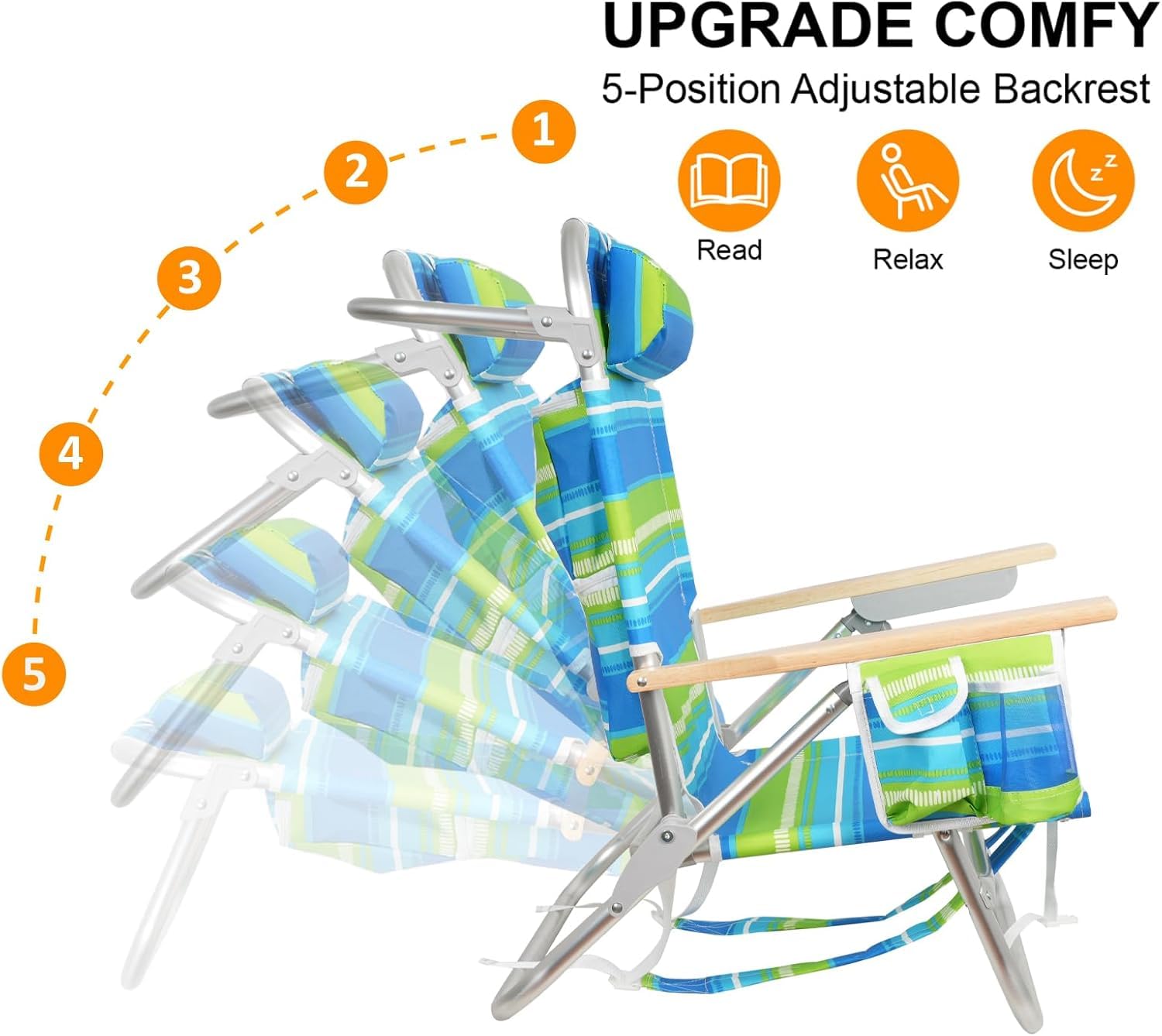 Backpack Beach Chairs for Adults Capacity 300 LBS Low 5 Position Beach Chair with Pouch Straps Folding Lightweight Reclining Aluminum Wide Lay Flat Single