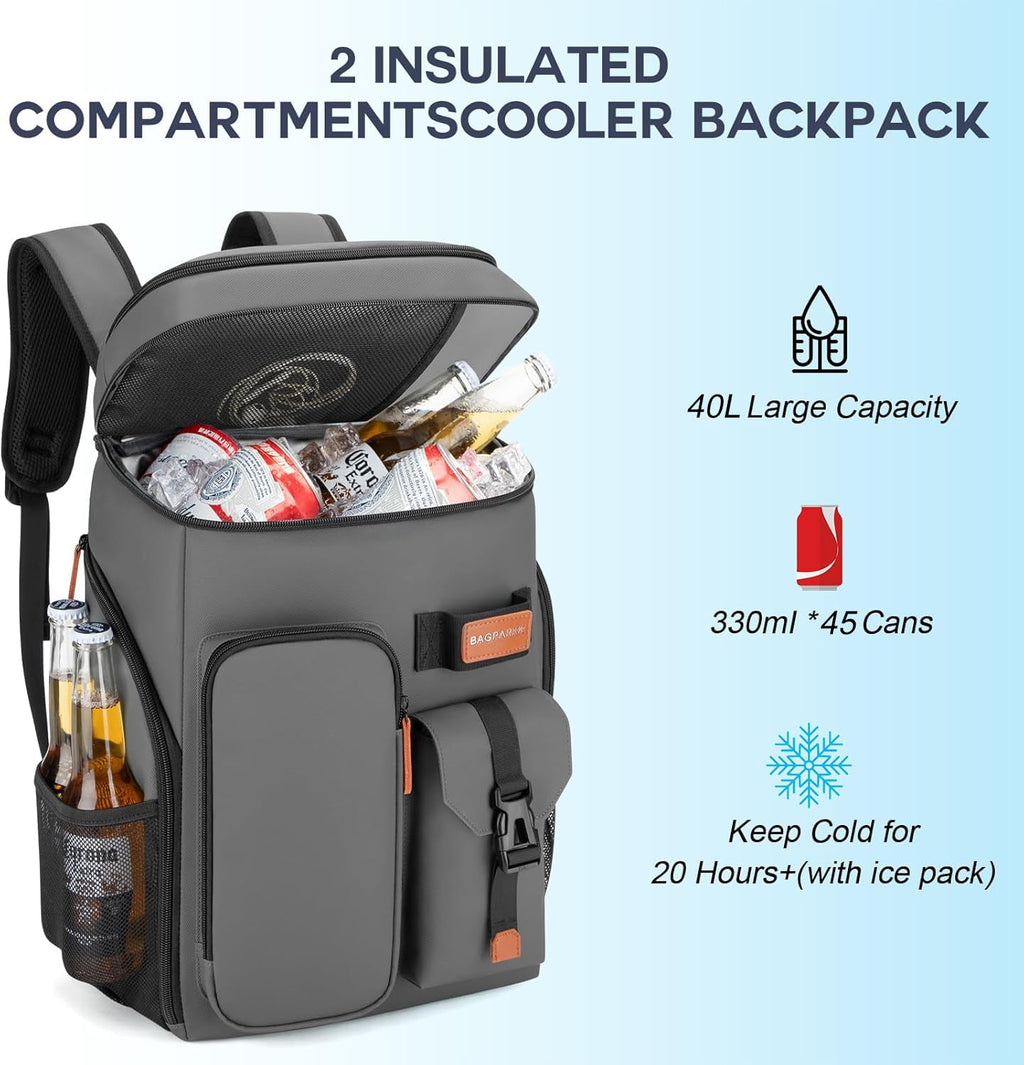 BAGPARKK Insulated Cooler Backpack,33/45 Cans Multifunctional Double Deck Leakproof Cooler Bag with Sternum Strap,Large Capacity Lightweight Travel Camping Beach Backpack
