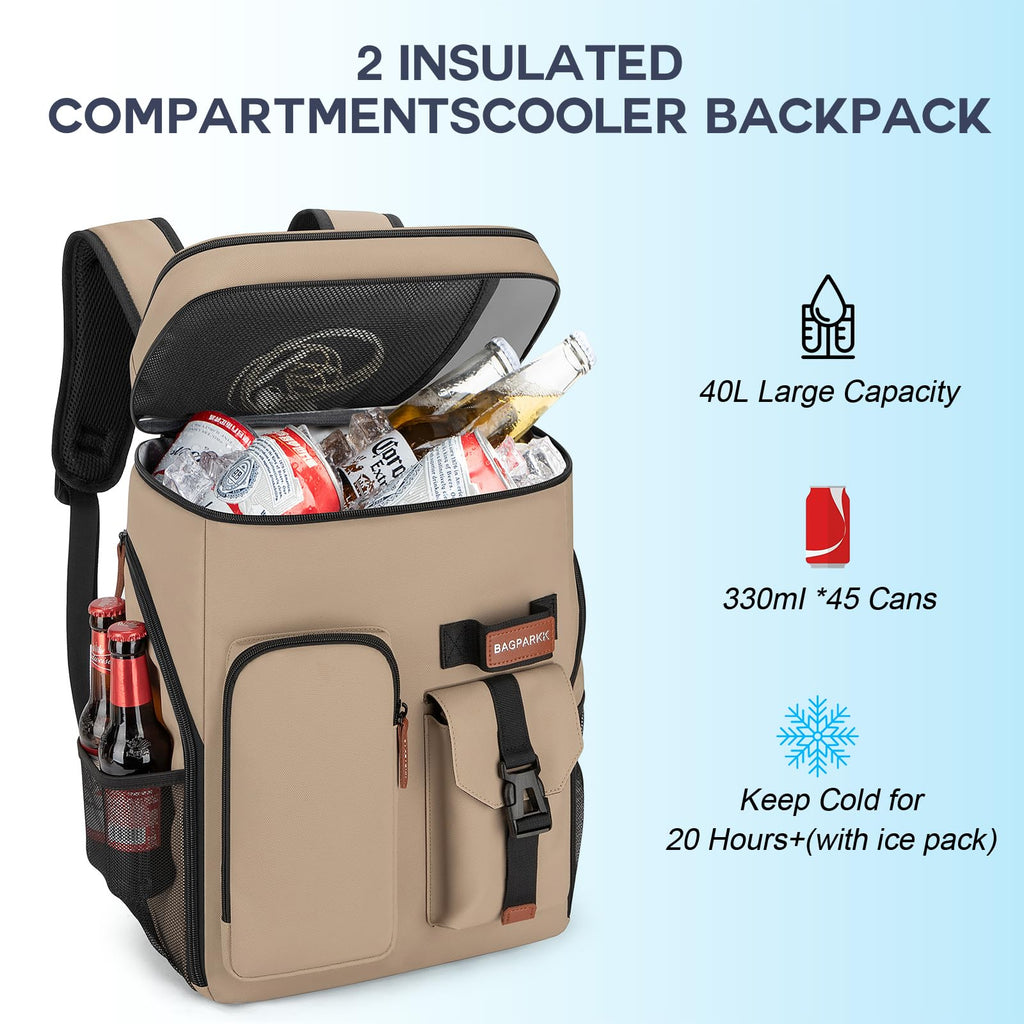 BAGPARKK Insulated Cooler Backpack,33/45 Cans Multifunctional Double Deck Leakproof Cooler Bag with Sternum Strap,Large Capacity Lightweight Travel Camping Beach Backpack