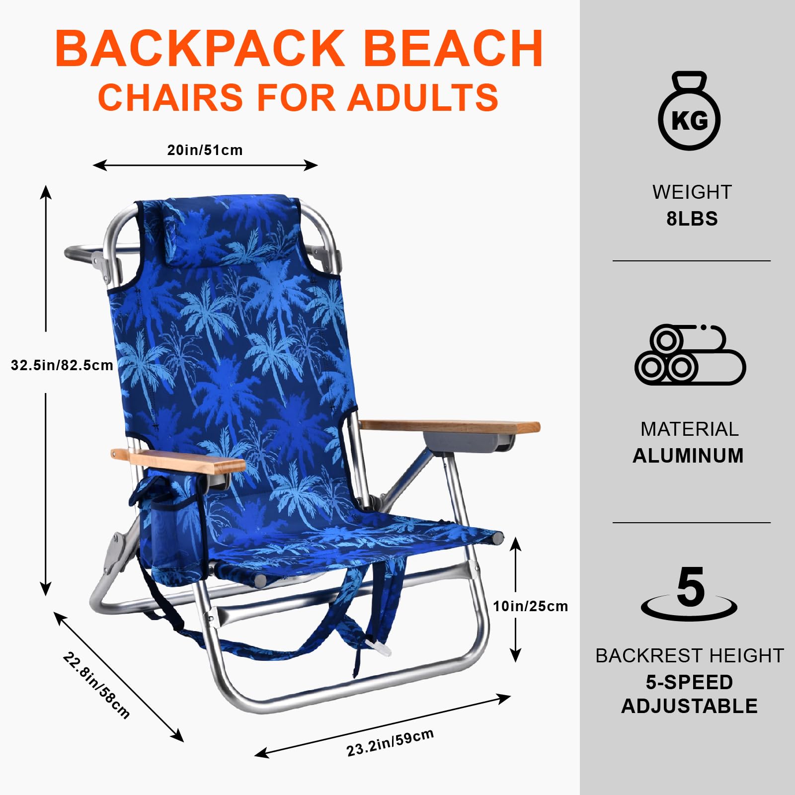 Backpack Beach Chairs for Adults Capacity 300 LBS Low 5 Position Beach Chair with Pouch Straps Folding Lightweight Reclining Aluminum Wide Lay Flat Single