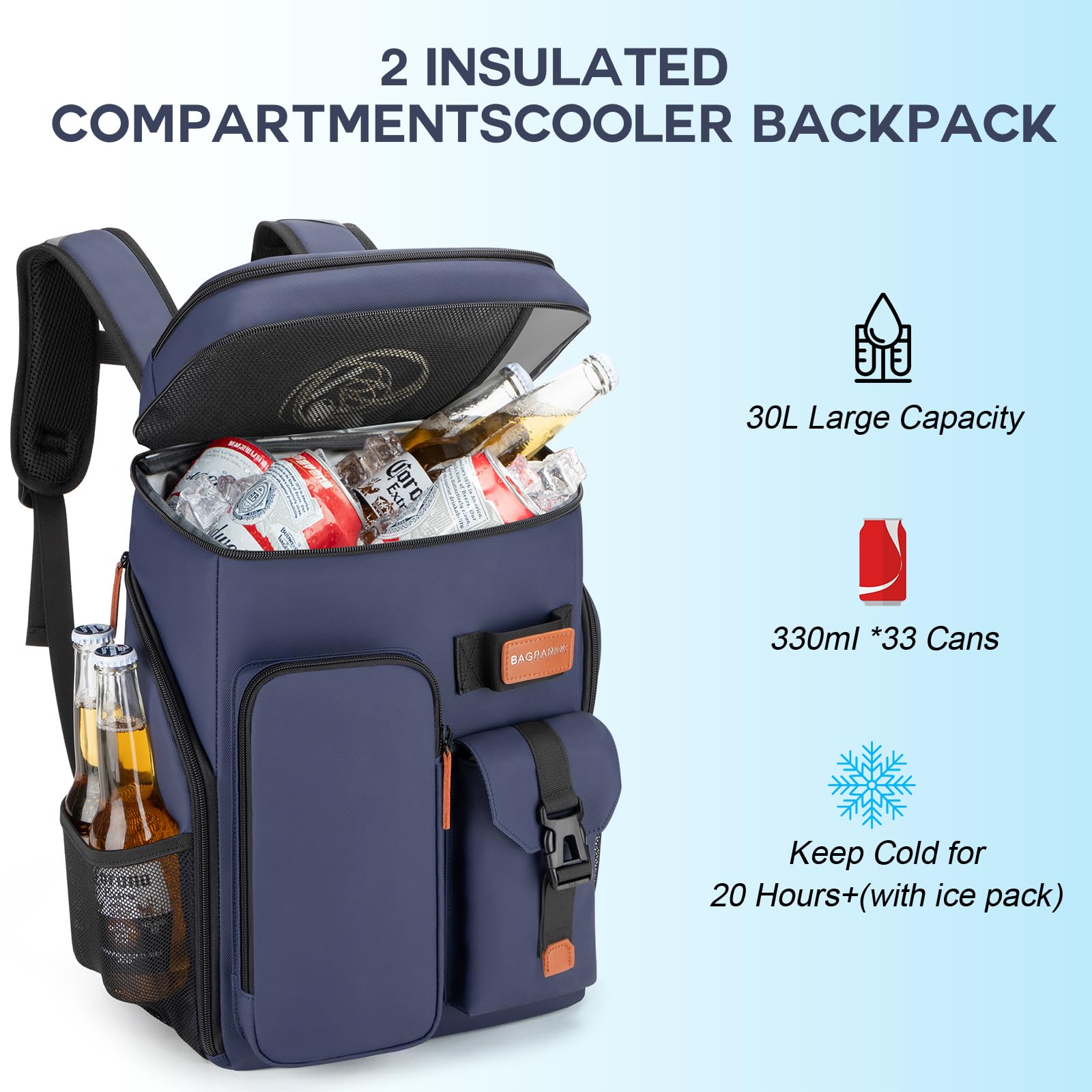 BAGPARKK Insulated Cooler Backpack,33/45 Cans Multifunctional Double Deck Leakproof Cooler Bag with Sternum Strap,Large Capacity Lightweight Travel Camping Beach Backpack