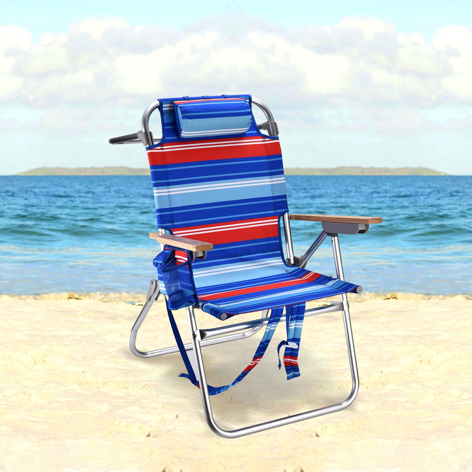 Backpack Beach Chairs for Adults Capacity 300 LBS Low 5 Position Beach Chair with Pouch Straps Folding Lightweight Reclining Aluminum Wide Lay Flat Single