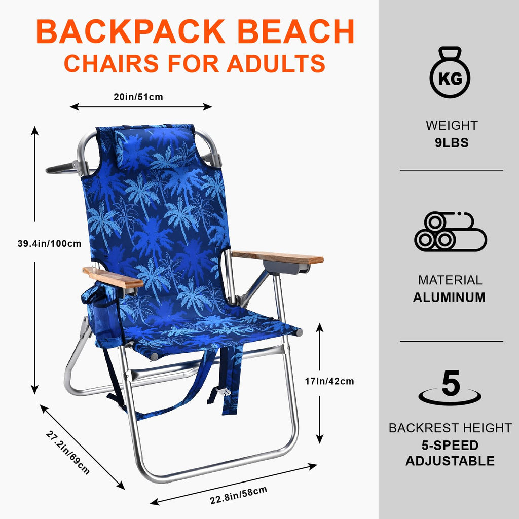 Backpack Beach Chairs for Adults Capacity 300 LBS Low 5 Position Beach Chair with Pouch Straps Folding Lightweight Reclining Aluminum Wide Lay Flat Single