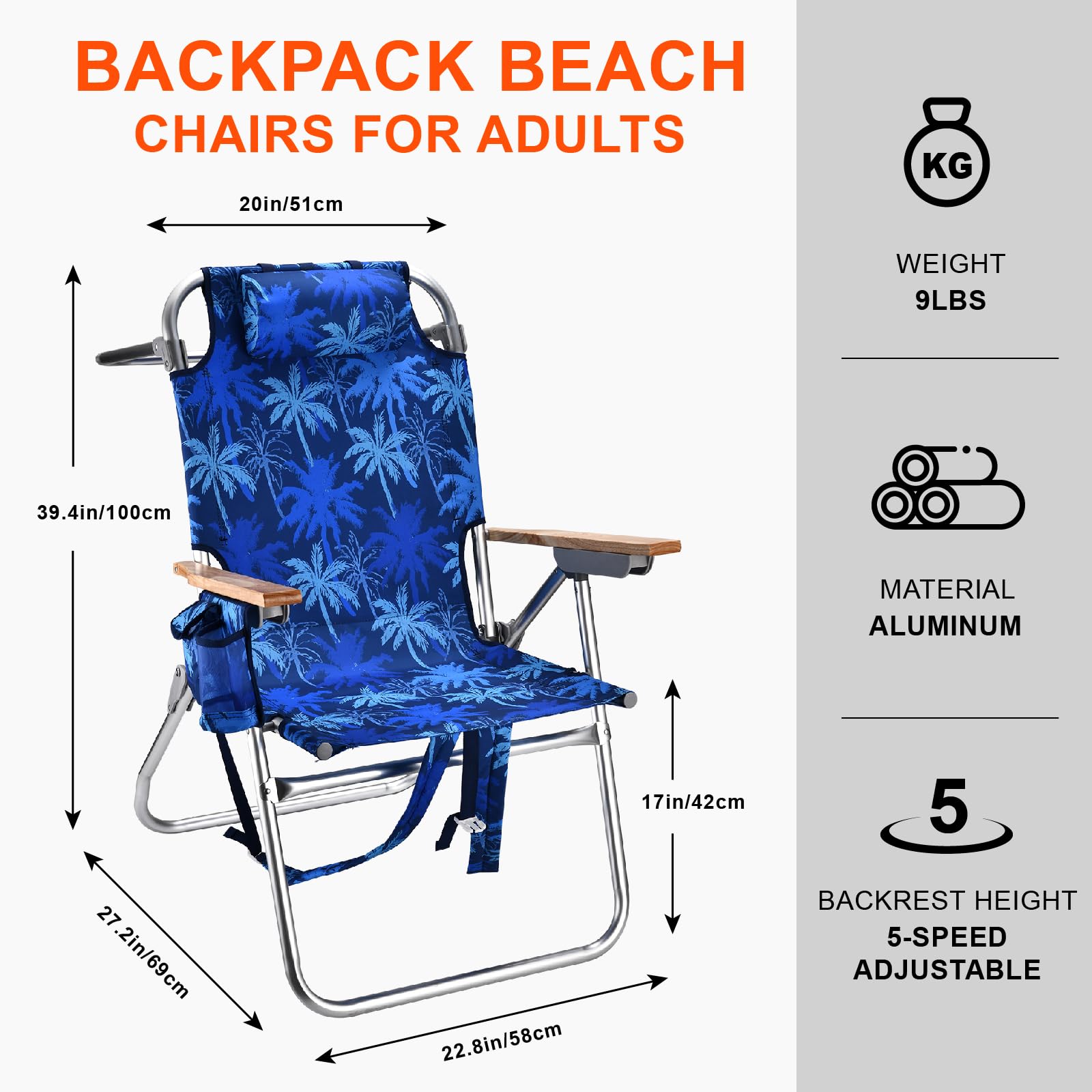 Backpack Beach Chairs for Adults Capacity 300 LBS Low 5 Position Beach Chair with Pouch Straps Folding Lightweight Reclining Aluminum Wide Lay Flat Single