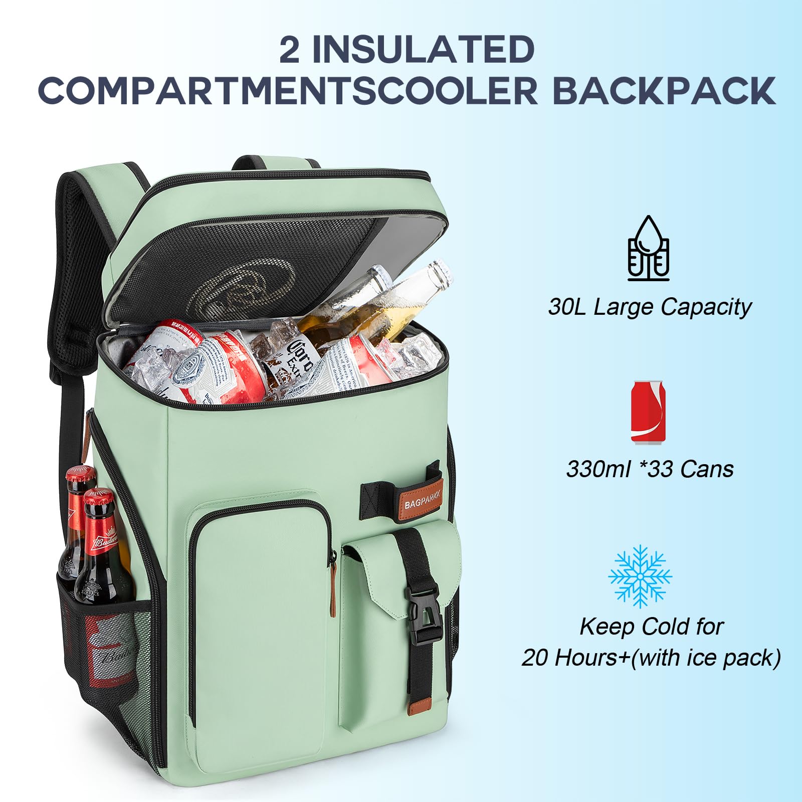 BAGPARKK Insulated Cooler Backpack,33/45 Cans Multifunctional Double Deck Leakproof Cooler Bag with Sternum Strap,Large Capacity Lightweight Travel Camping Beach Backpack