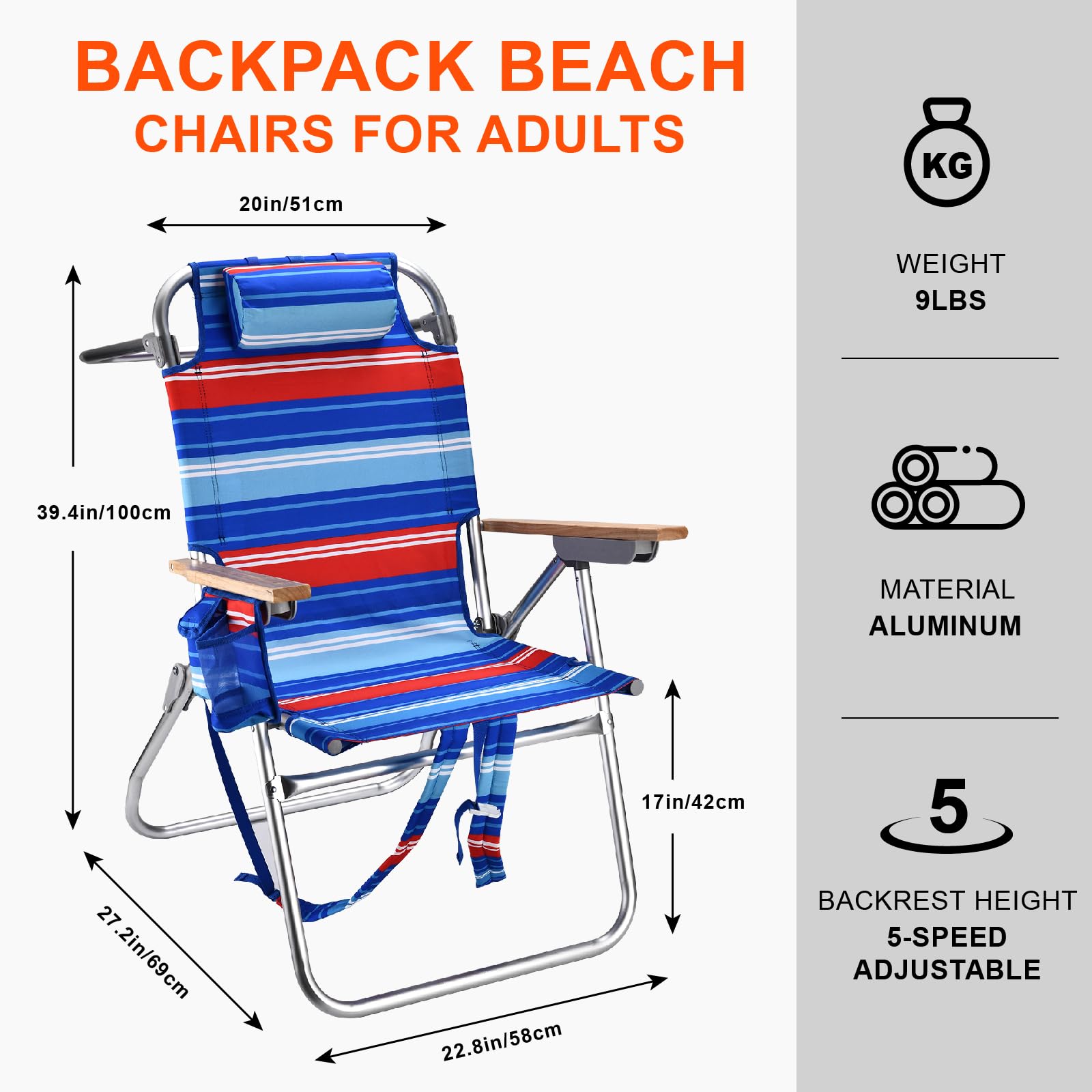 Backpack Beach Chairs for Adults Capacity 300 LBS Low 5 Position Beach Chair with Pouch Straps Folding Lightweight Reclining Aluminum Wide Lay Flat Single