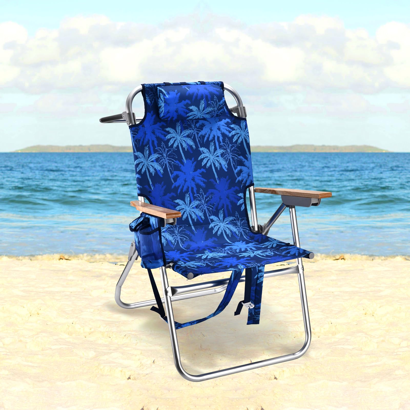Backpack Beach Chairs for Adults Capacity 300 LBS Low 5 Position Beach Chair with Pouch Straps Folding Lightweight Reclining Aluminum Wide Lay Flat Single