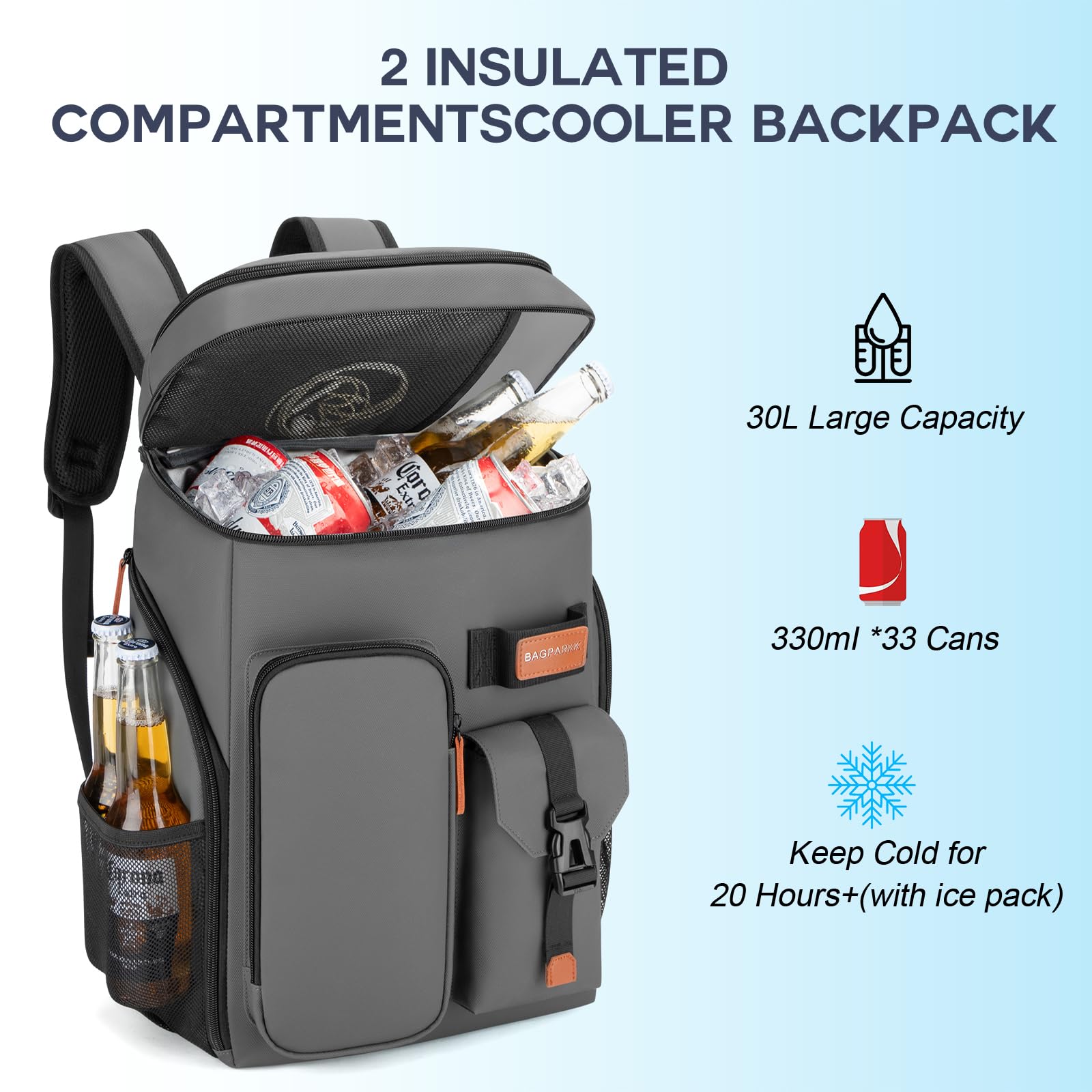 BAGPARKK Insulated Cooler Backpack,33/45 Cans Multifunctional Double Deck Leakproof Cooler Bag with Sternum Strap,Large Capacity Lightweight Travel Camping Beach Backpack