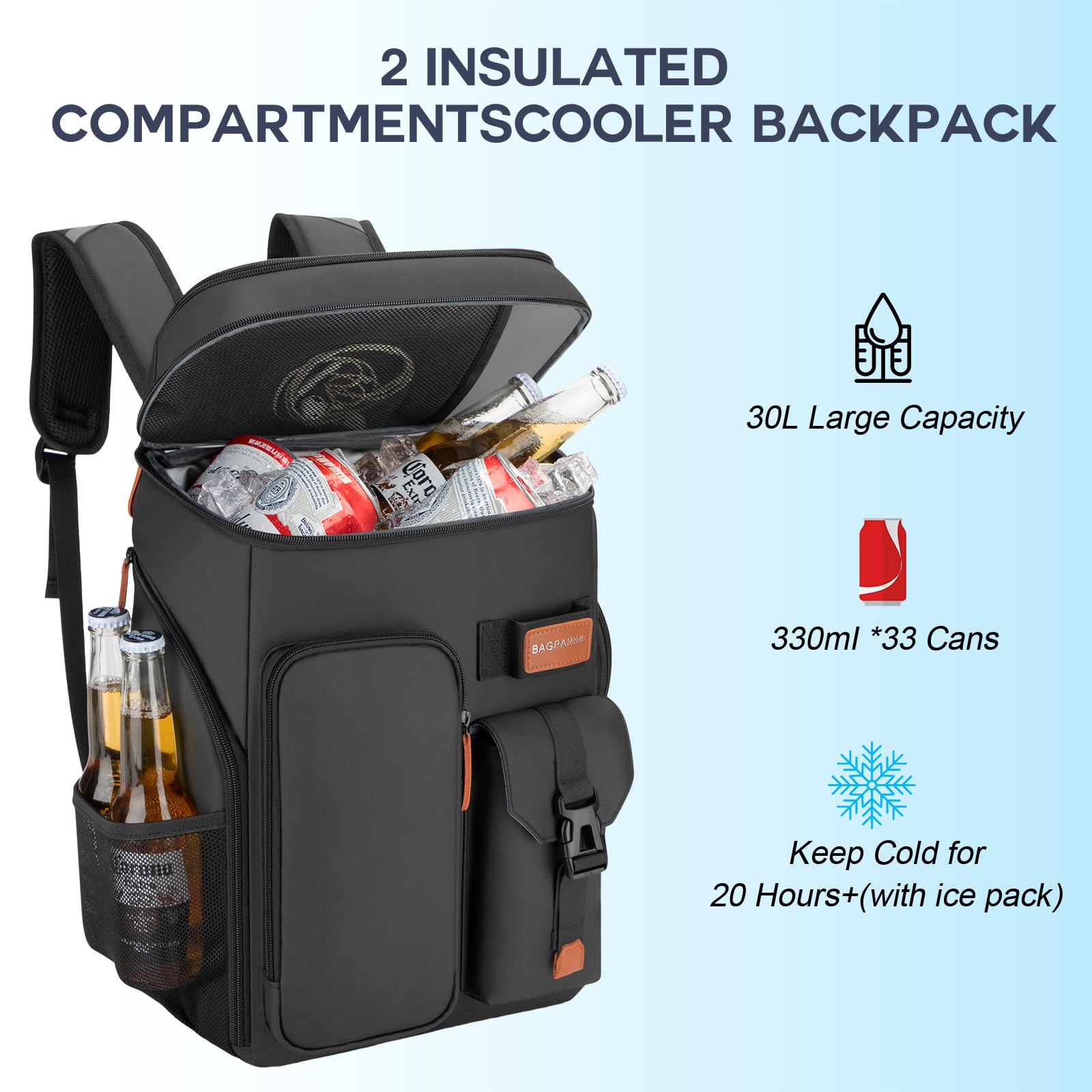 BAGPARKK Insulated Cooler Backpack,33/45 Cans Multifunctional Double Deck Leakproof Cooler Bag with Sternum Strap,Large Capacity Lightweight Travel Camping Beach Backpack