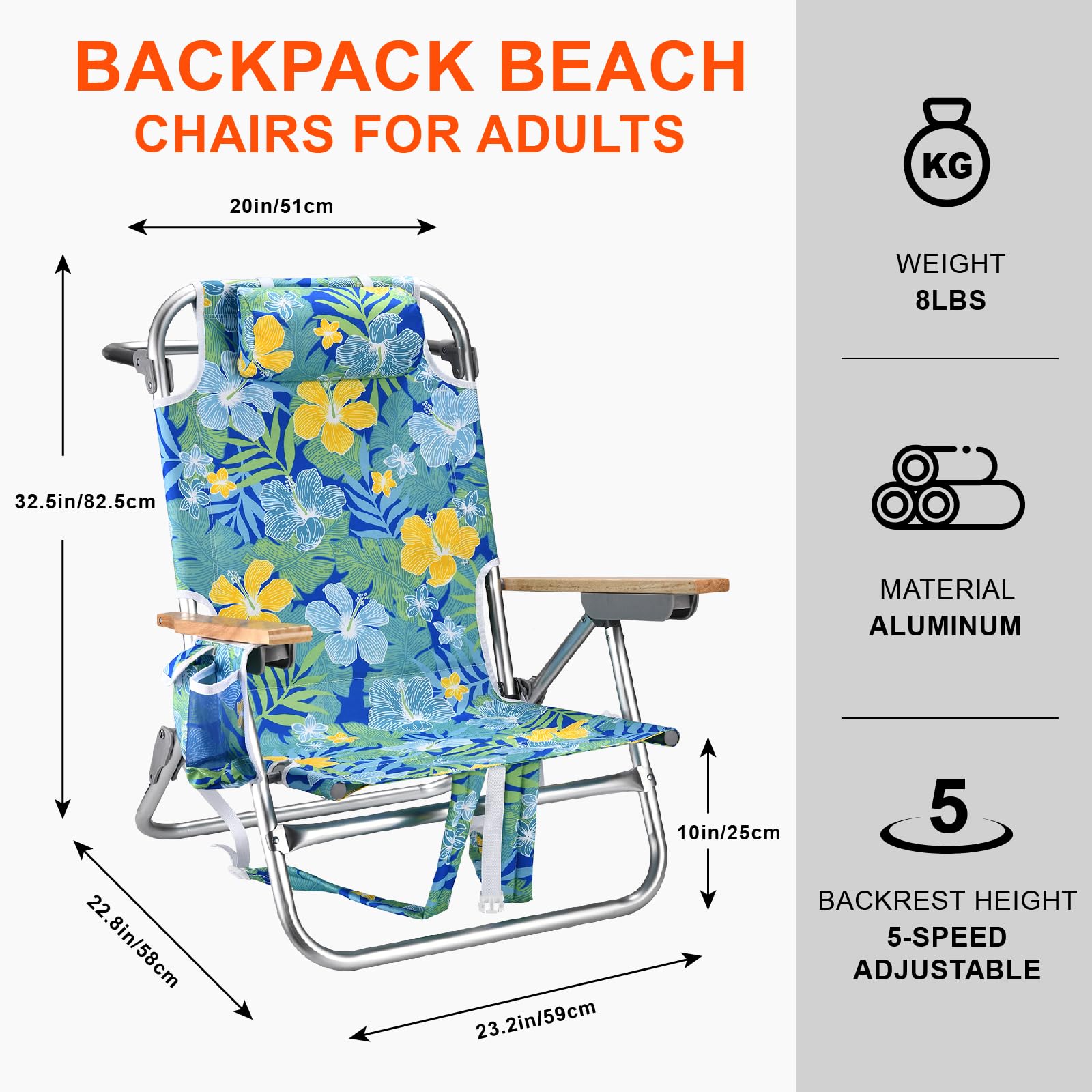 Backpack Beach Chairs for Adults Capacity 300 LBS Low 5 Position Beach Chair with Pouch Straps Folding Lightweight Reclining Aluminum Wide Lay Flat Single