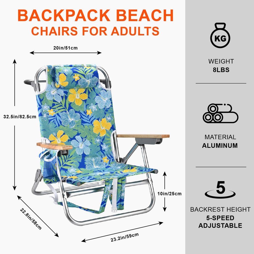 Backpack Beach Chairs for Adults Capacity 300 LBS Low 5 Position Beach Chair with Pouch Straps Folding Lightweight Reclining Aluminum Wide Lay Flat Single