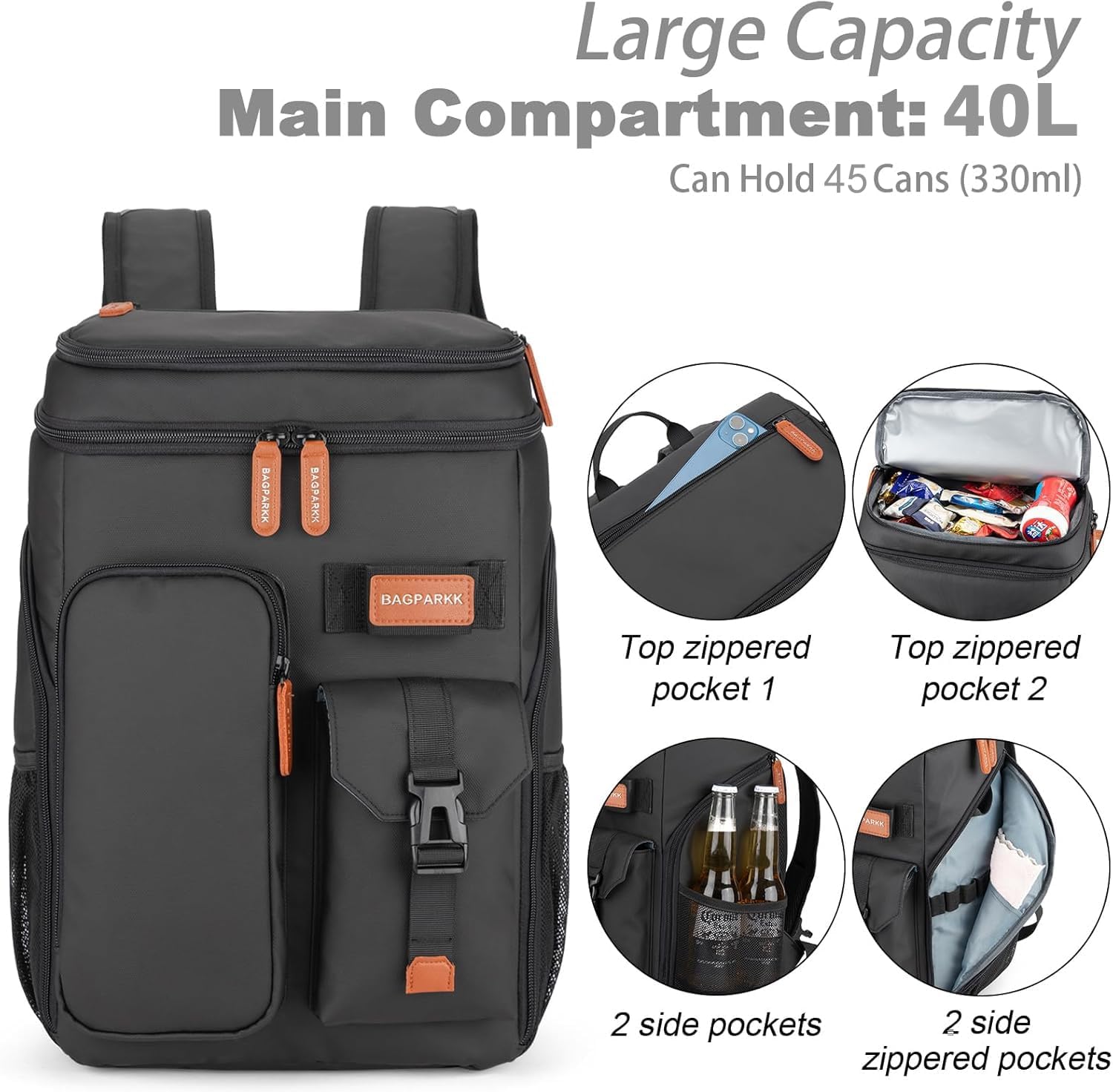 BAGPARKK Insulated Cooler Backpack,33/45 Cans Multifunctional Double Deck Leakproof Cooler Bag with Sternum Strap,Large Capacity Lightweight Travel Camping Beach Backpack