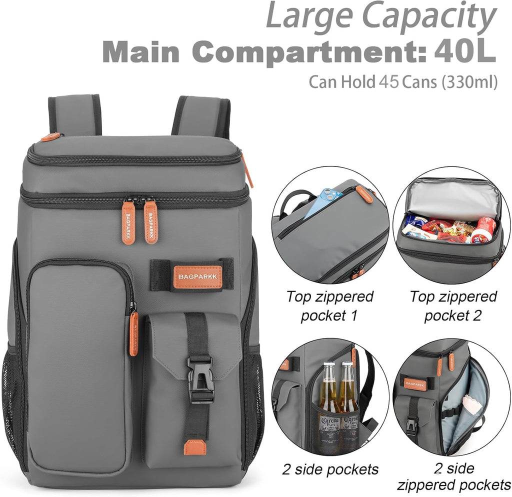 BAGPARKK Insulated Cooler Backpack,33/45 Cans Multifunctional Double Deck Leakproof Cooler Bag with Sternum Strap,Large Capacity Lightweight Travel Camping Beach Backpack
