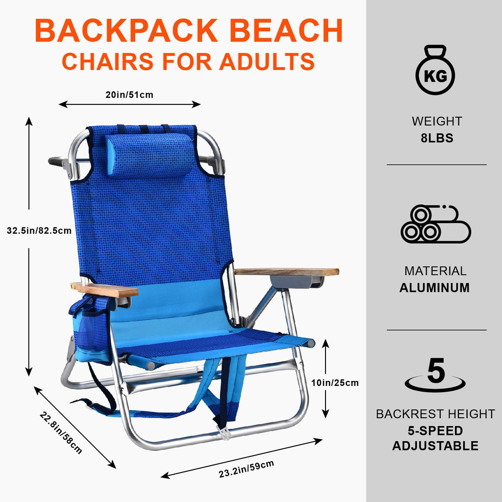 Backpack Beach Chairs for Adults Capacity 300 LBS Low 5 Position Beach Chair with Pouch Straps Folding Lightweight Reclining Aluminum Wide Lay Flat Single