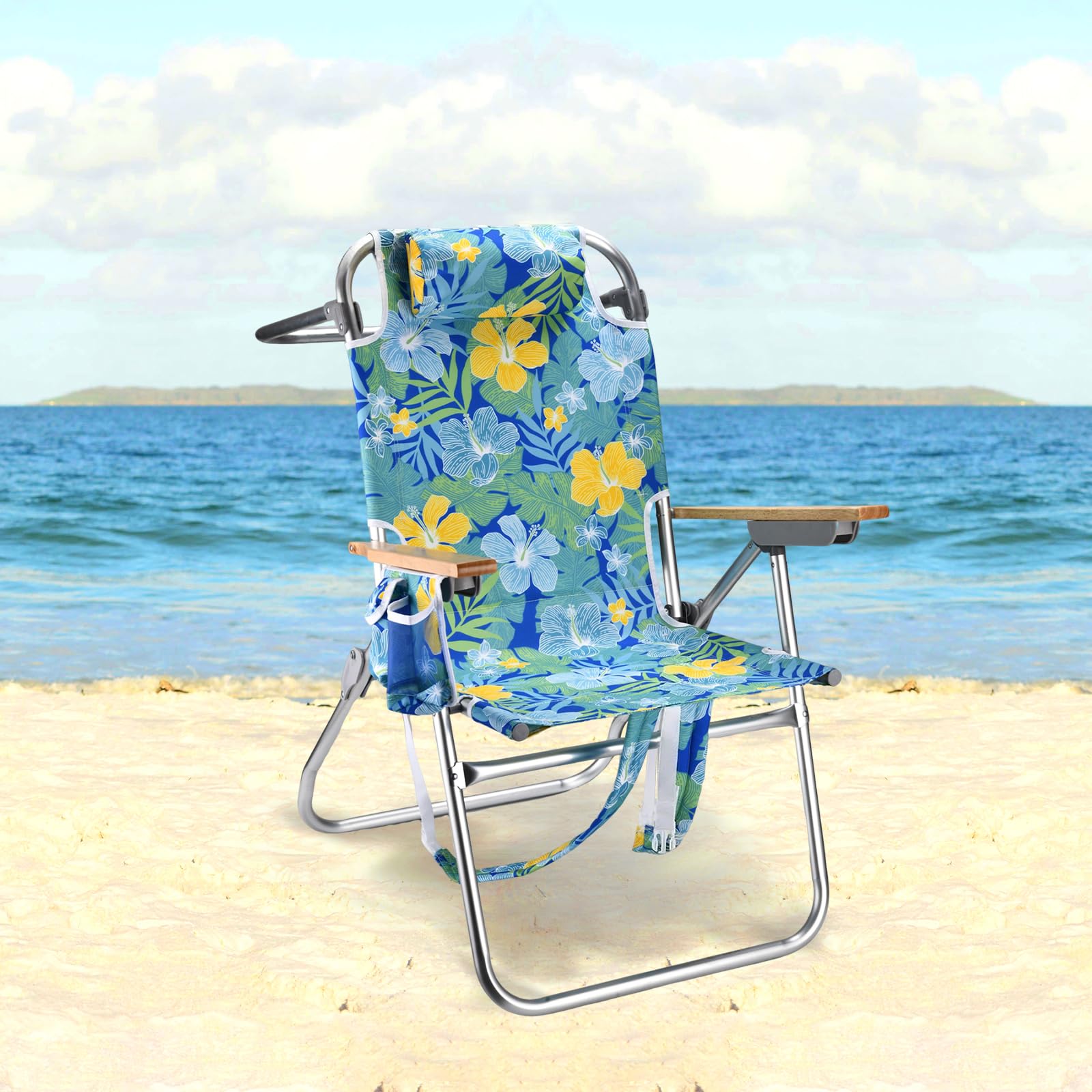 Backpack Beach Chairs for Adults Capacity 300 LBS Low 5 Position Beach Chair with Pouch Straps Folding Lightweight Reclining Aluminum Wide Lay Flat Single