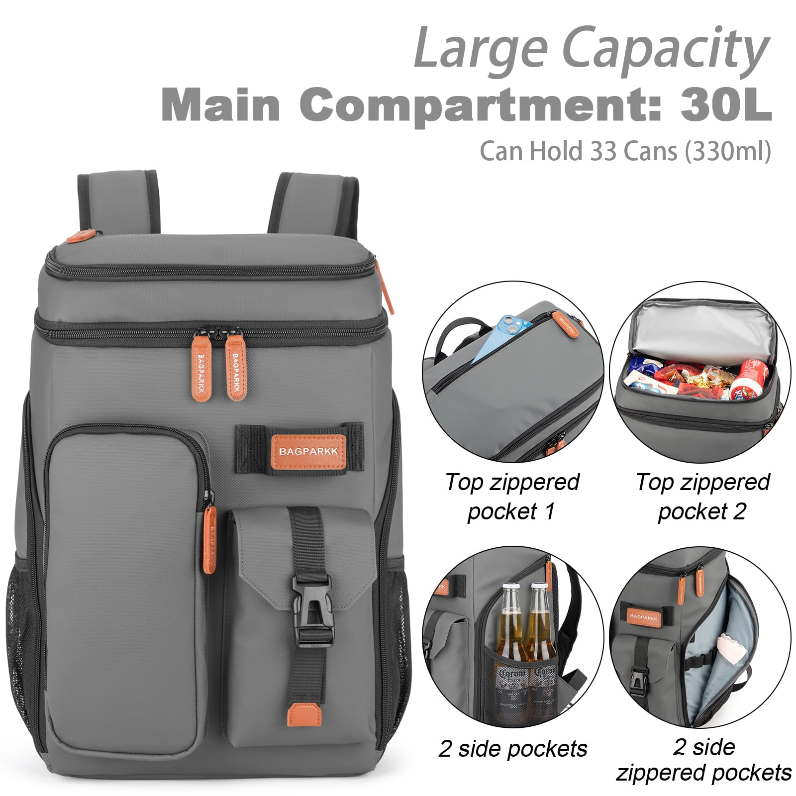 BAGPARKK Insulated Cooler Backpack,33/45 Cans Multifunctional Double Deck Leakproof Cooler Bag with Sternum Strap,Large Capacity Lightweight Travel Camping Beach Backpack