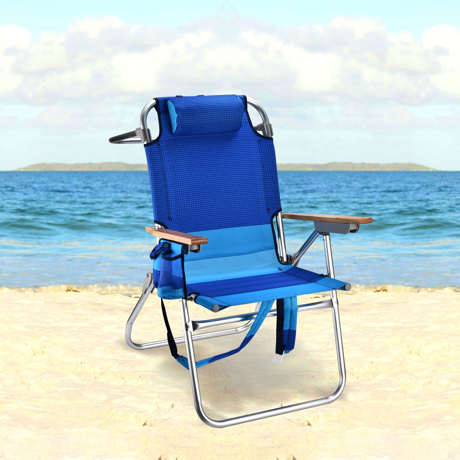 Backpack Beach Chairs for Adults Capacity 300 LBS Low 5 Position Beach Chair with Pouch Straps Folding Lightweight Reclining Aluminum Wide Lay Flat Single
