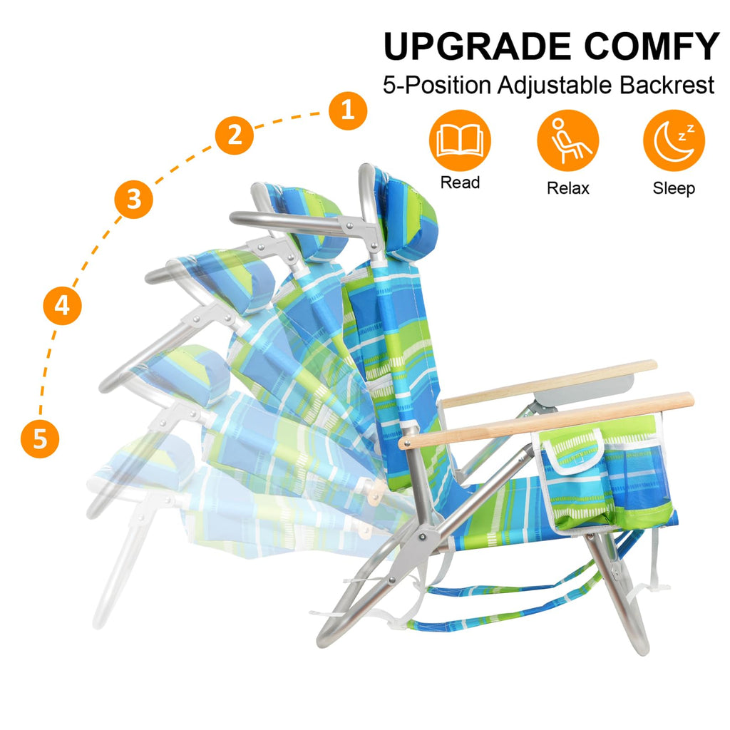 Backpack Beach Chairs for Adults Capacity 300 LBS Low 5 Position Beach Chair with Pouch Straps Folding Lightweight Reclining Aluminum Wide Lay Flat Single