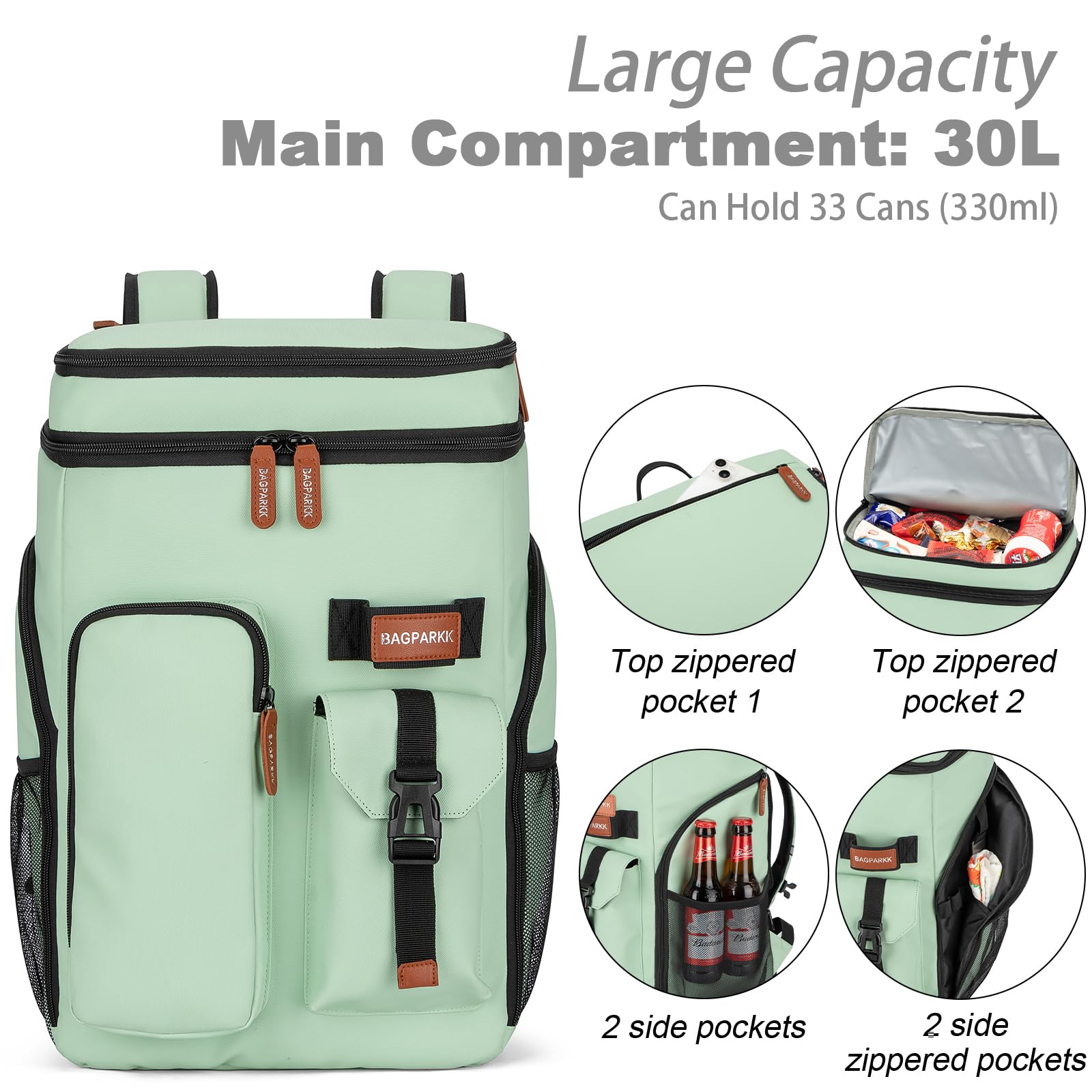BAGPARKK Insulated Cooler Backpack,33/45 Cans Multifunctional Double Deck Leakproof Cooler Bag with Sternum Strap,Large Capacity Lightweight Travel Camping Beach Backpack
