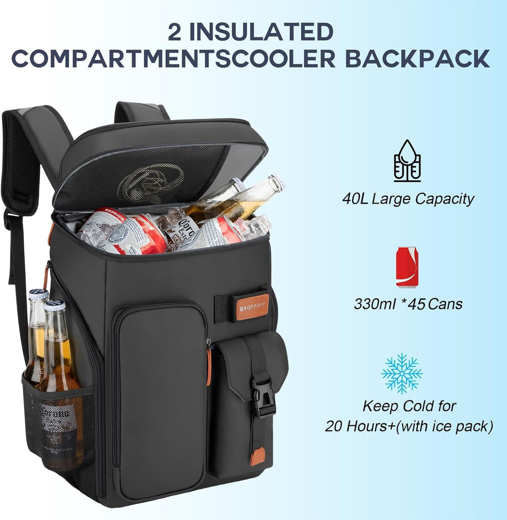 BAGPARKK Insulated Cooler Backpack,33/45 Cans Multifunctional Double Deck Leakproof Cooler Bag with Sternum Strap,Large Capacity Lightweight Travel Camping Beach Backpack