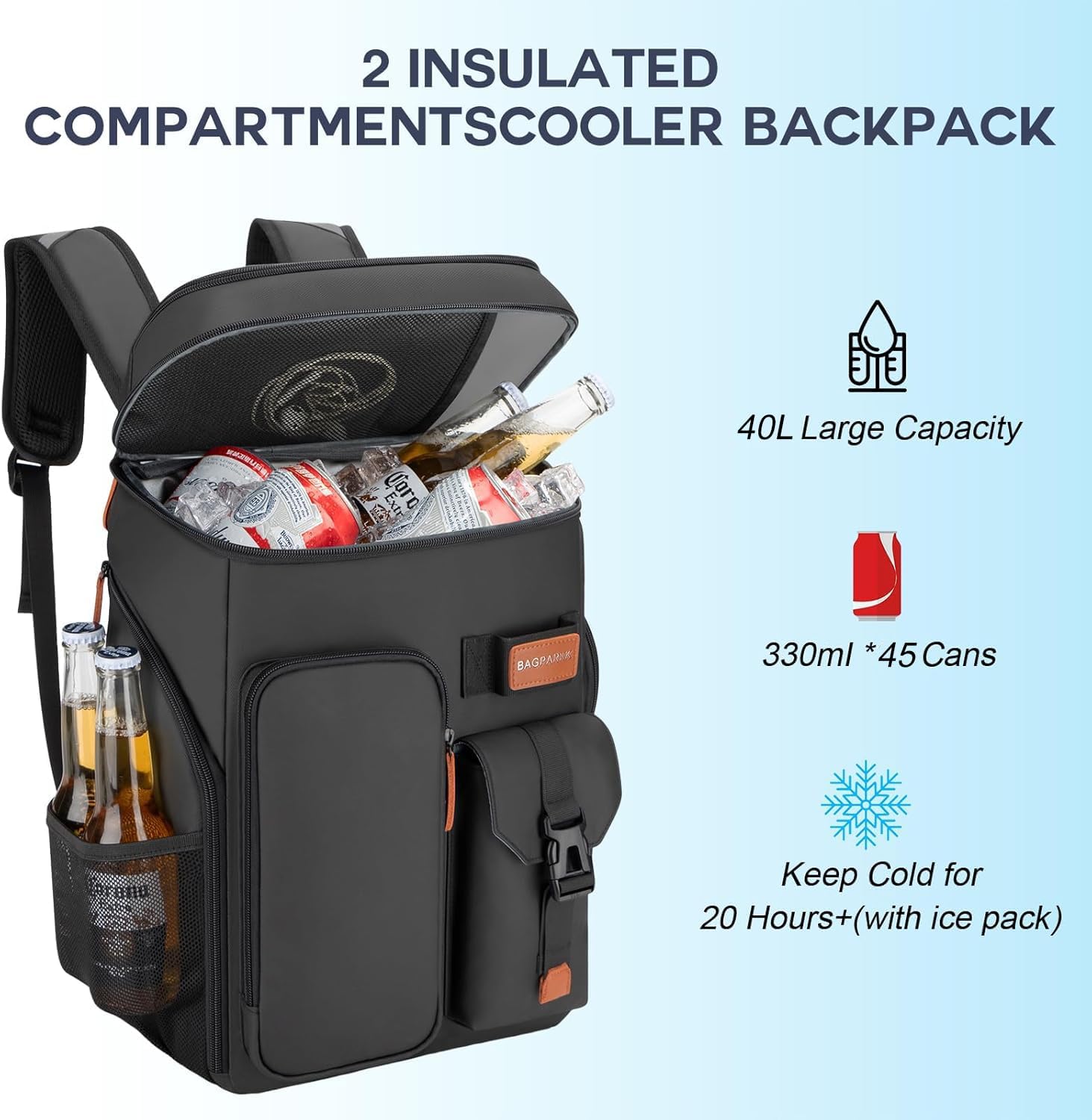 BAGPARKK Insulated Cooler Backpack,33/45 Cans Multifunctional Double Deck Leakproof Cooler Bag with Sternum Strap,Large Capacity Lightweight Travel Camping Beach Backpack