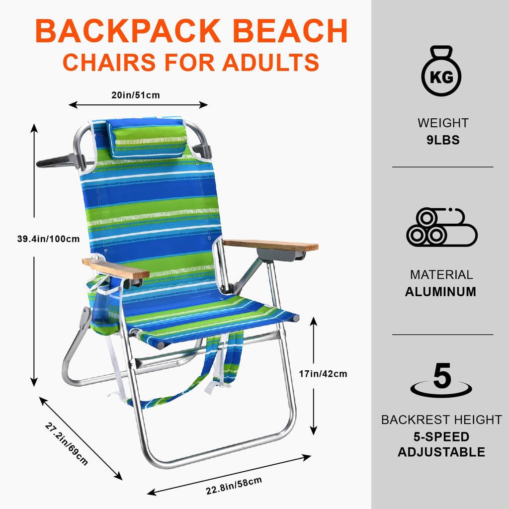 Backpack Beach Chairs for Adults Capacity 300 LBS Low 5 Position Beach Chair with Pouch Straps Folding Lightweight Reclining Aluminum Wide Lay Flat Single