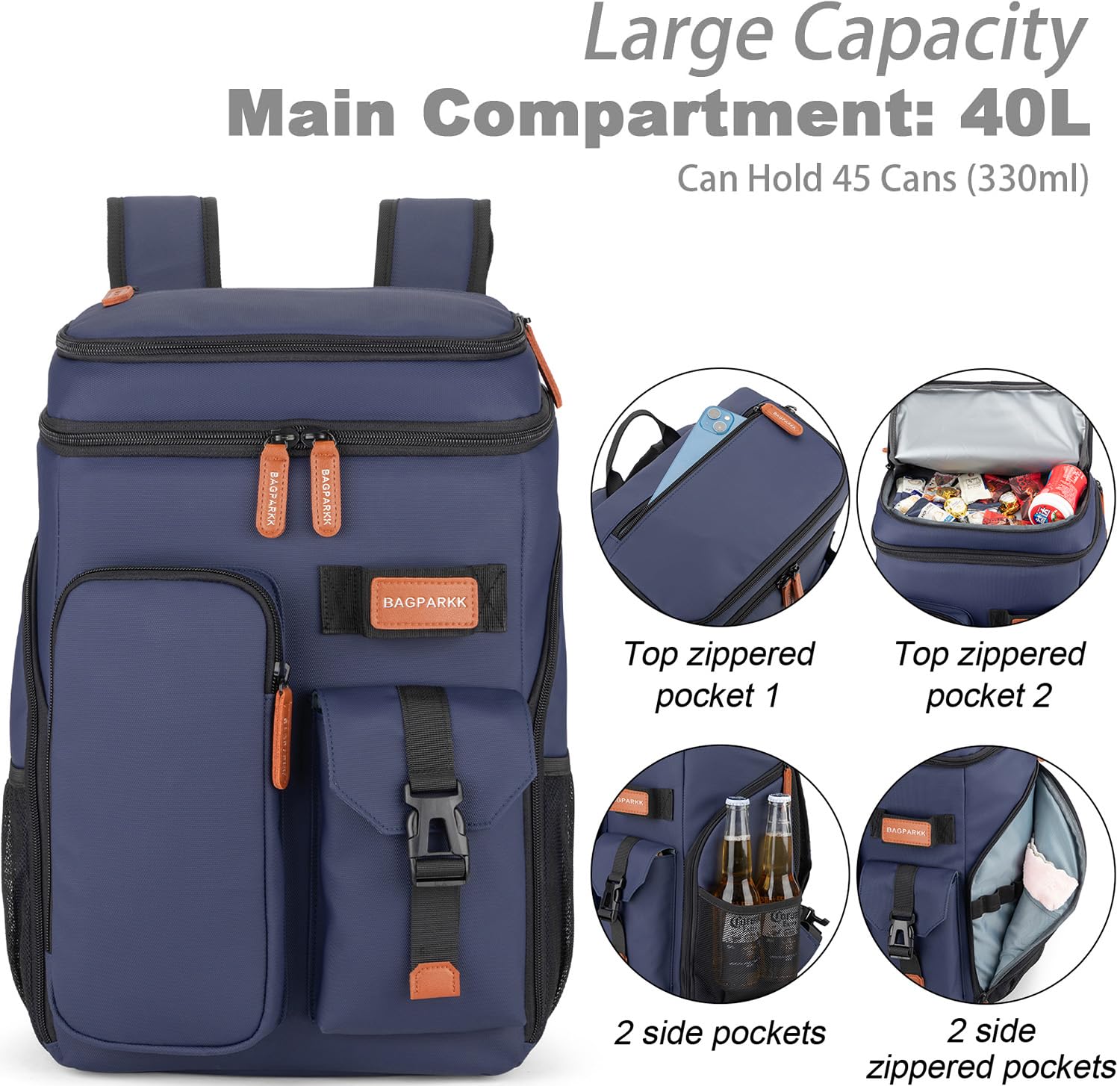 BAGPARKK Insulated Cooler Backpack,33/45 Cans Multifunctional Double Deck Leakproof Cooler Bag with Sternum Strap,Large Capacity Lightweight Travel Camping Beach Backpack