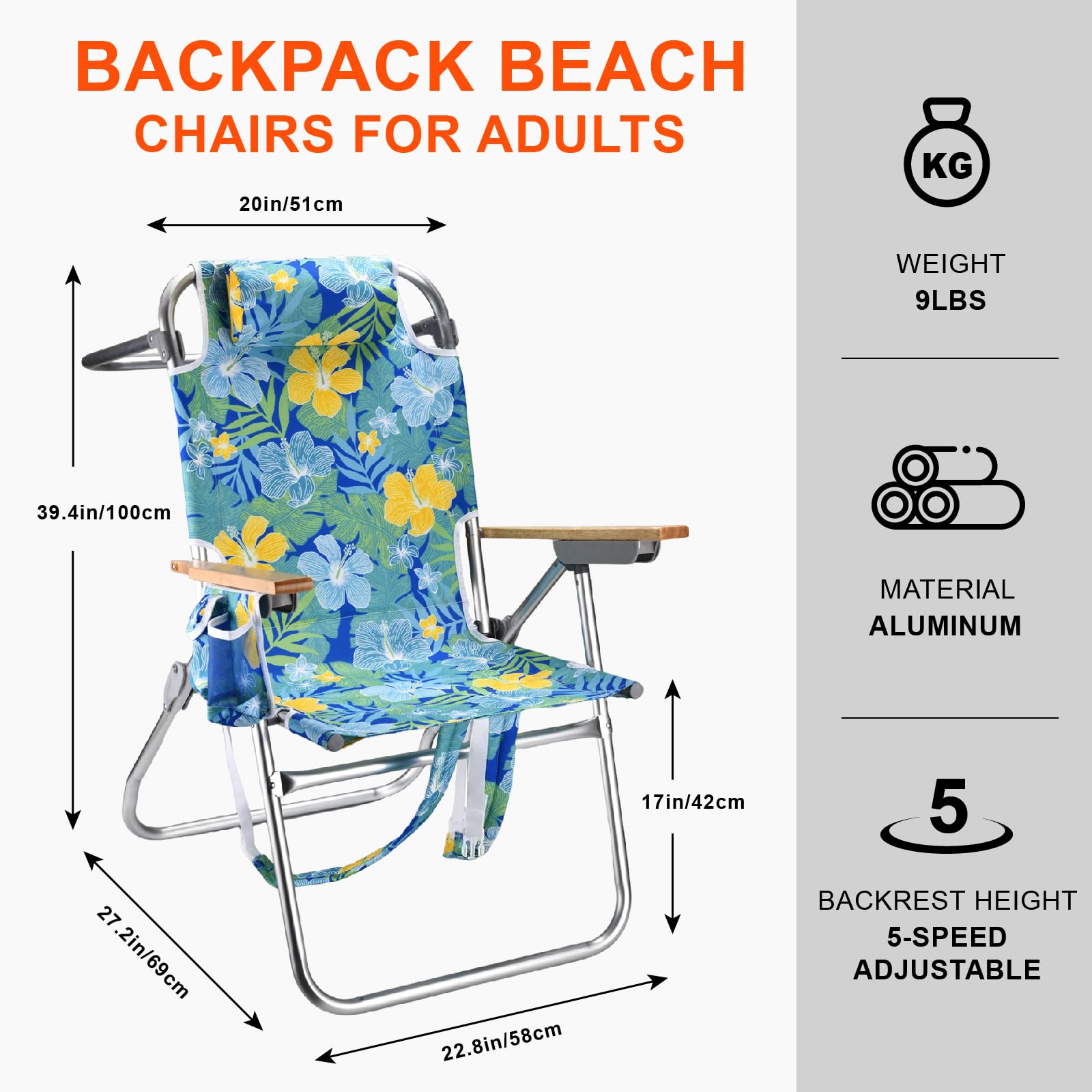 Backpack Beach Chairs for Adults Capacity 300 LBS Low 5 Position Beach Chair with Pouch Straps Folding Lightweight Reclining Aluminum Wide Lay Flat Single