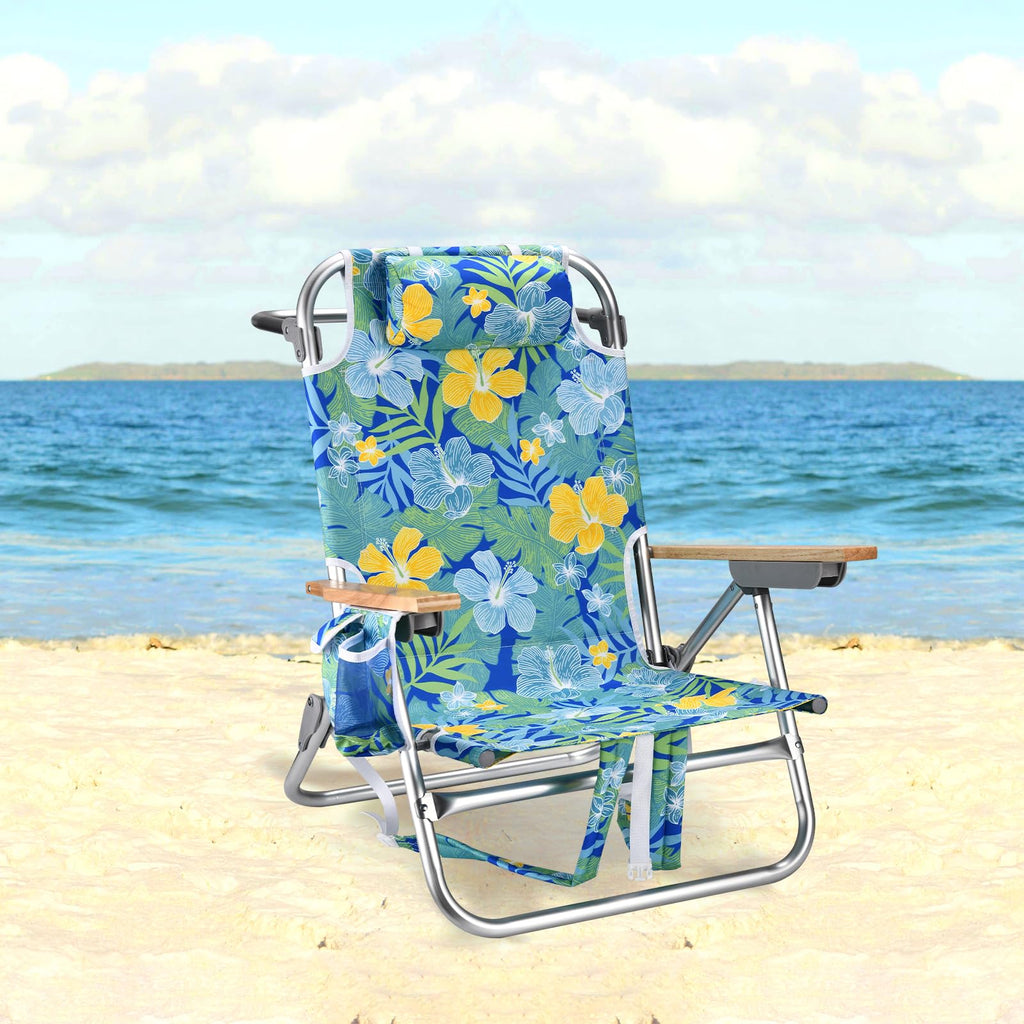 Backpack Beach Chairs for Adults Capacity 300 LBS Low 5 Position Beach Chair with Pouch Straps Folding Lightweight Reclining Aluminum Wide Lay Flat Single