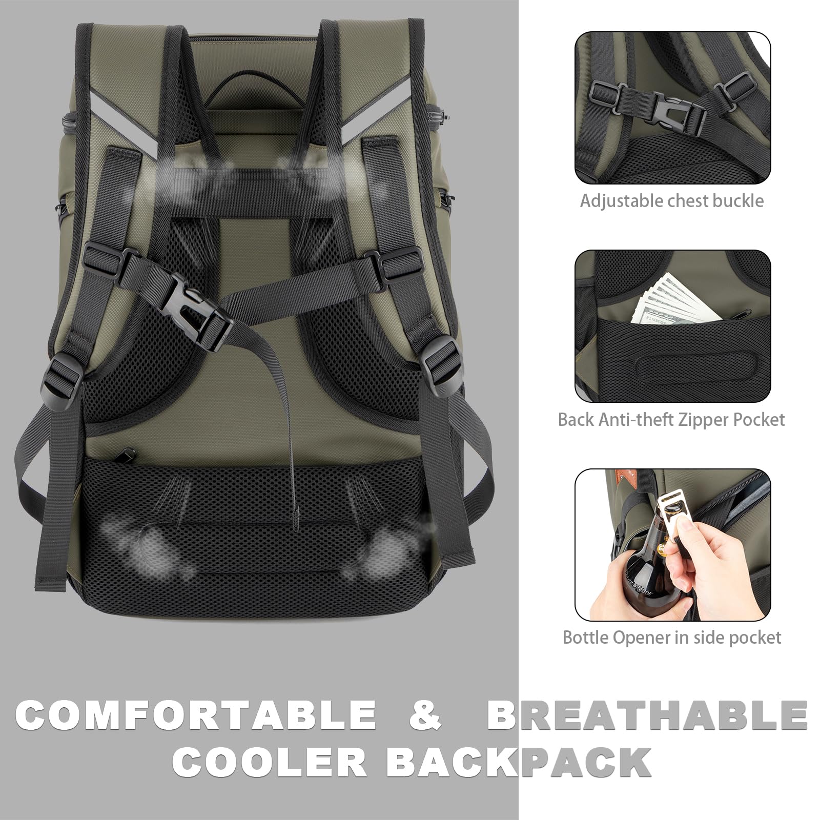 BAGPARKK Insulated Cooler Backpack,33/45 Cans Multifunctional Double Deck Leakproof Cooler Bag with Sternum Strap,Large Capacity Lightweight Travel Camping Beach Backpack