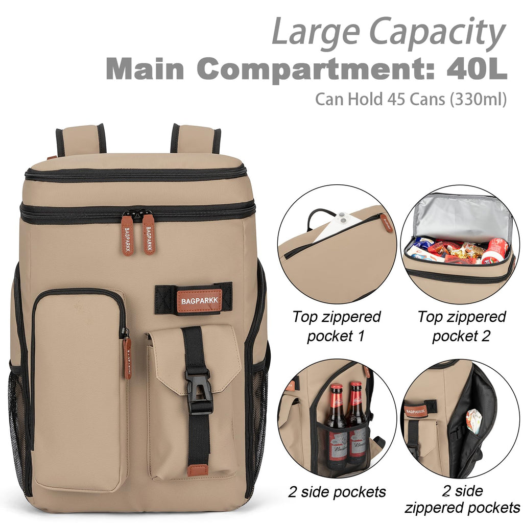 BAGPARKK Insulated Cooler Backpack,33/45 Cans Multifunctional Double Deck Leakproof Cooler Bag with Sternum Strap,Large Capacity Lightweight Travel Camping Beach Backpack